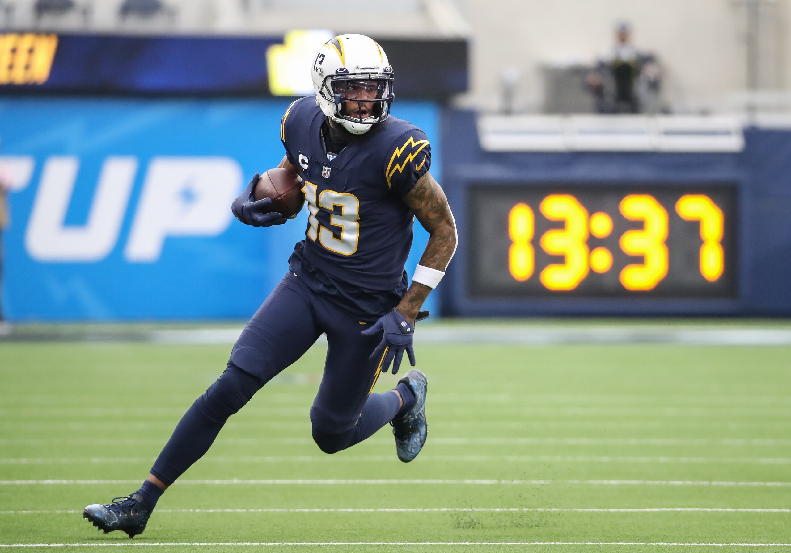 INGLEWOOD, CA - OCTOBER 31: Los Angeles Chargers wide receiver Keenan Allen #13 runs during the New England Patriots vs Los Angeles Chargers game on October 31, 2021, at SoFi Stadium in Inglewood, CA. (Photo by Jevone Moore/Icon Sportswire via Getty Images)