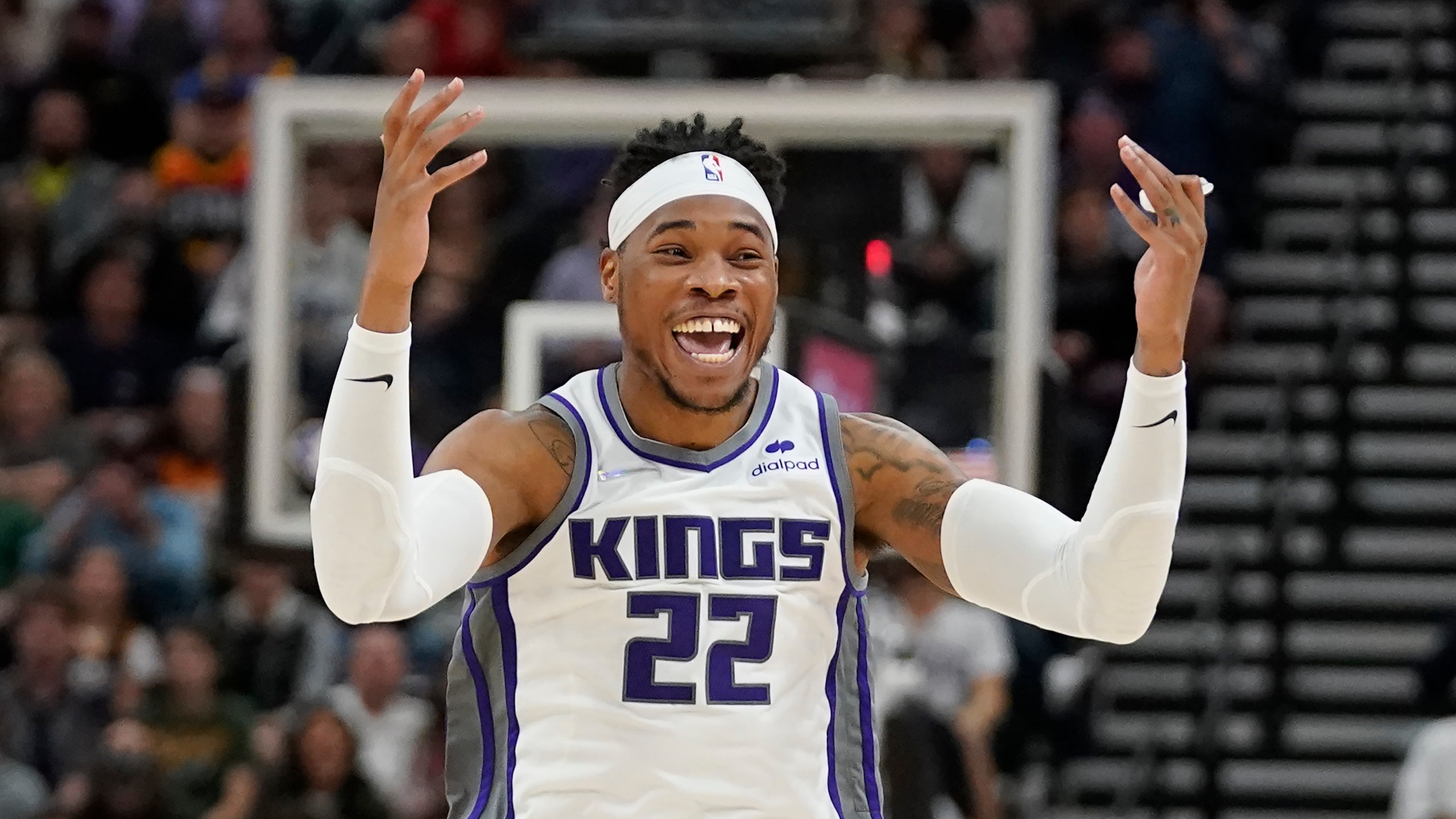 Sacramento Kings center Richaun Holmes (22) reacts to a foul call in the second half during an NBA basketball game against the Utah Jazz Tuesday, Nov. 2, 2021, in Salt Lake City. (AP Photo/Rick Bowmer)