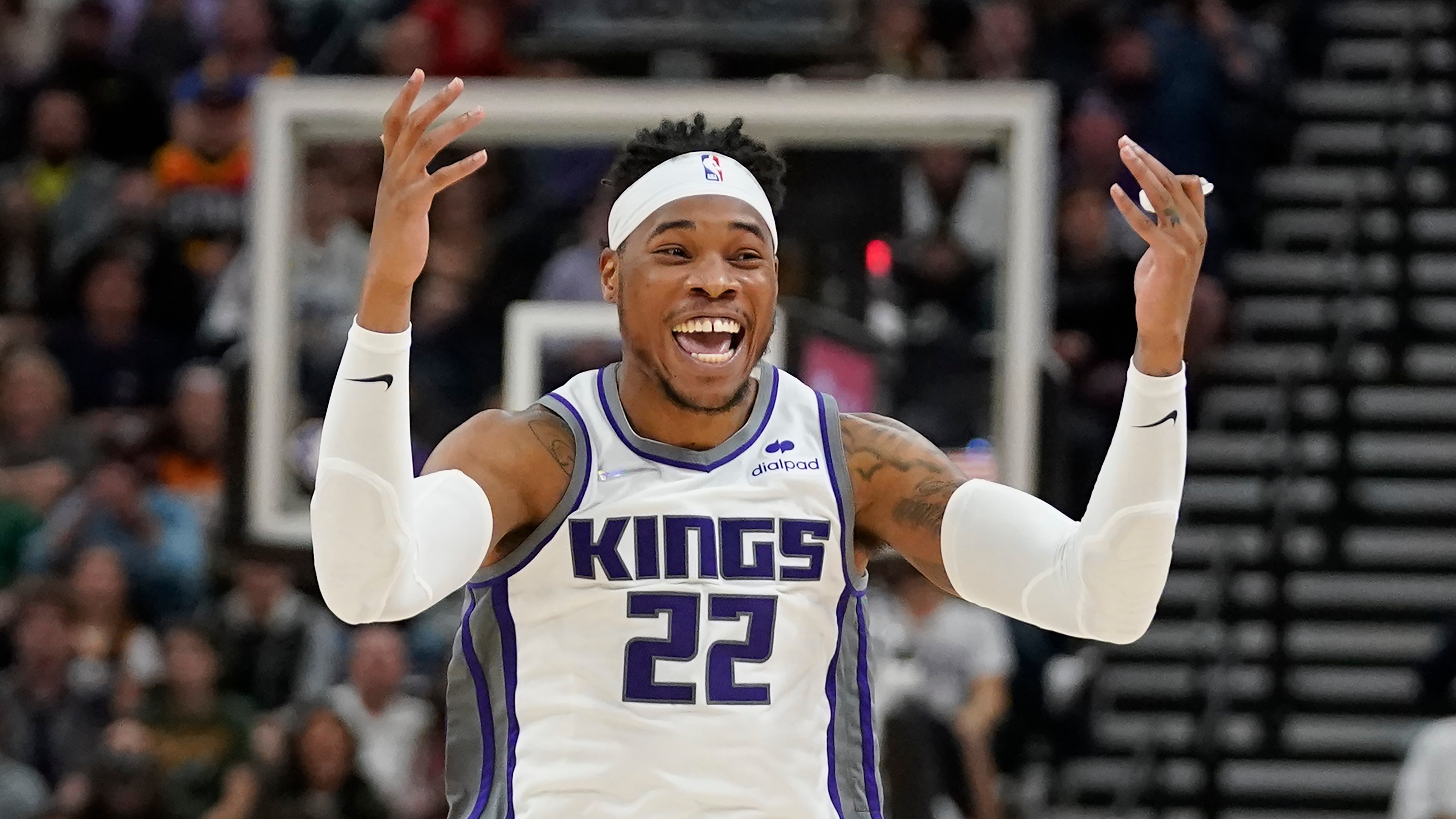 Sacramento Kings center Richaun Holmes (22) reacts to a foul call in the second half during an NBA basketball game against the Utah Jazz Tuesday, Nov. 2, 2021, in Salt Lake City. (AP Photo/Rick Bowmer)