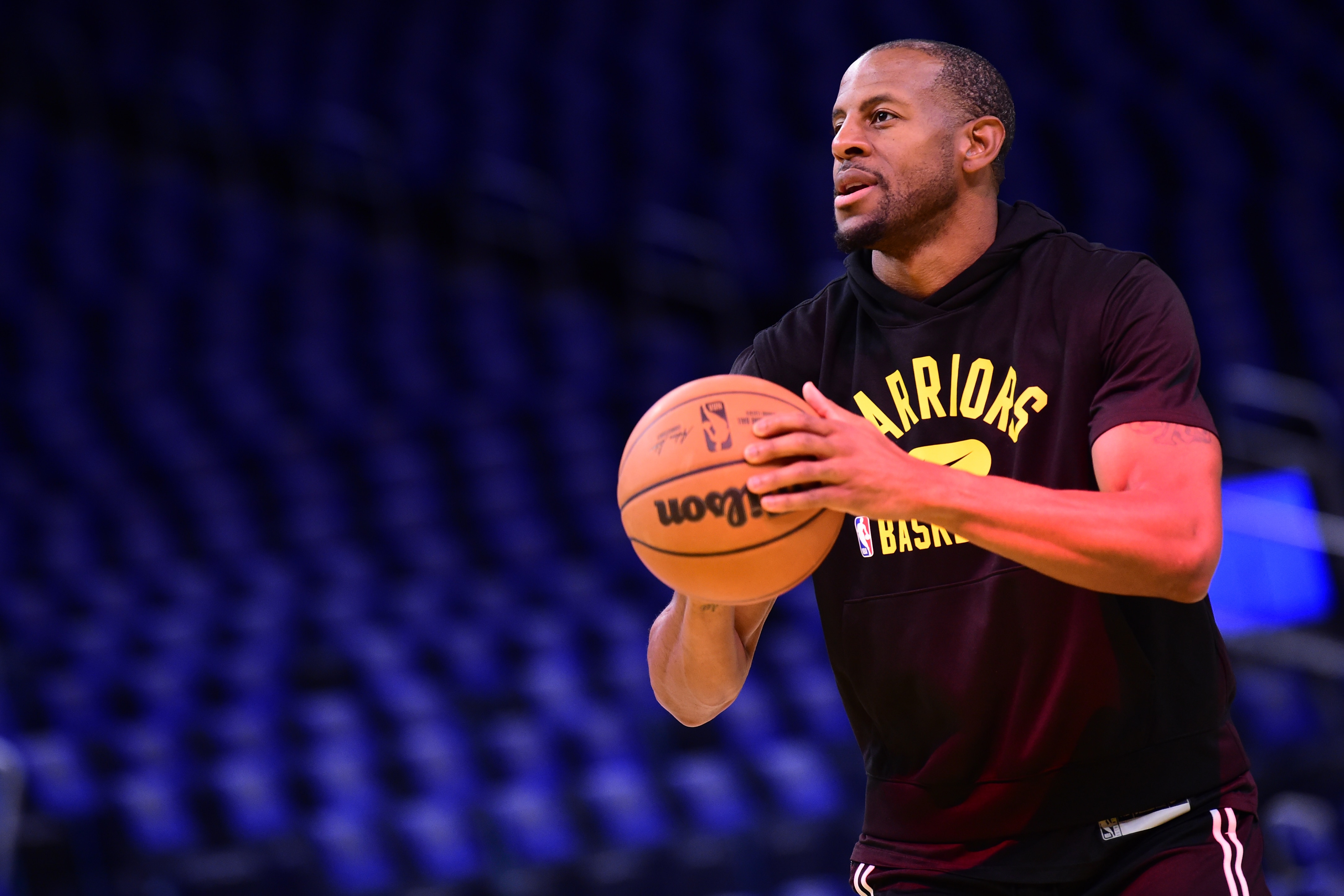 SAN FRANCISCO, CA - NOVEMBER 3: Andre Iguodala #9 of the Golden State Warriors warms up prior to the game against the Charlotte Hornets on November 3, 2021 at Chase Center in San Francisco, California. NOTE TO USER: User expressly acknowledges and agrees that, by downloading and or using this photograph, user is consenting to the terms and conditions of Getty Images License Agreement. Mandatory Copyright Notice: Copyright 2021 NBAE (Photo by Noah Graham/NBAE via Getty Images)