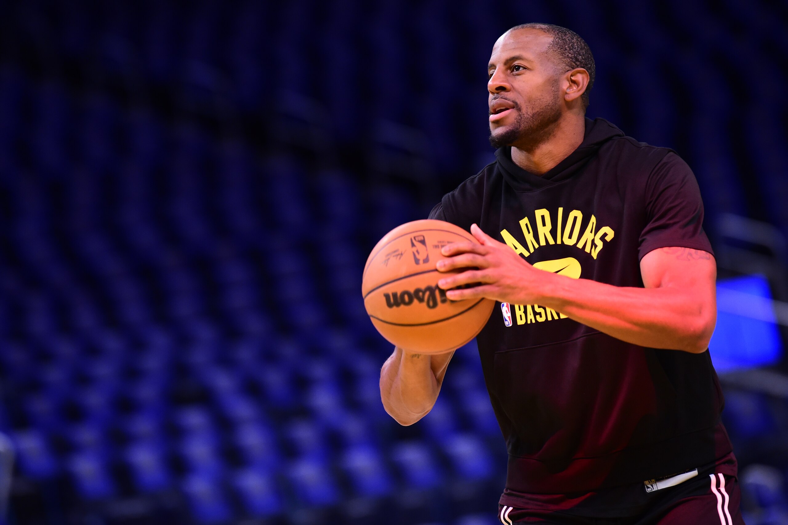 SAN FRANCISCO, CA - NOVEMBER 3: Andre Iguodala #9 of the Golden State Warriors warms up prior to the game against the Charlotte Hornets on November 3, 2021 at Chase Center in San Francisco, California. NOTE TO USER: User expressly acknowledges and agrees that, by downloading and or using this photograph, user is consenting to the terms and conditions of Getty Images License Agreement. Mandatory Copyright Notice: Copyright 2021 NBAE (Photo by Noah Graham/NBAE via Getty Images)