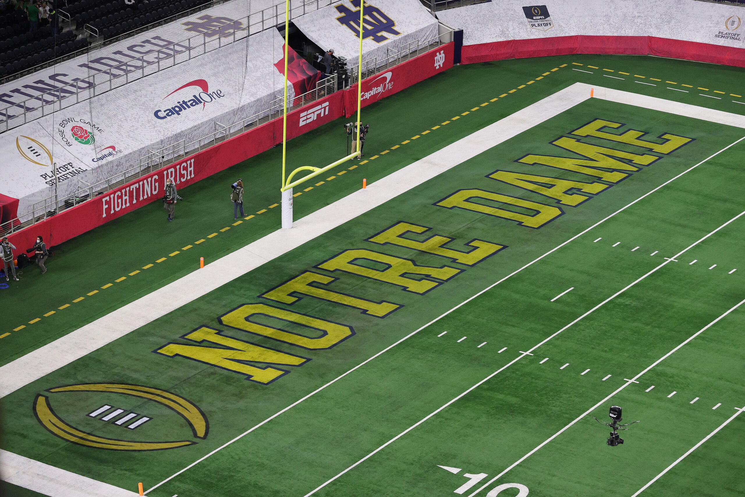 ARLINGTON, TEXAS - JANUARY 01: The " Notre Dame" end zone logo prior to the 2021 College Football Playoff Semifinal Game at the Rose Bowl Game presented by Capital One between the Alabama Crimson Tide and the Notre Dame Fighting Irish at AT&T Stadium on January 01, 2021 in Arlington, Texas. (Photo by Carmen Mandato/Getty Images)