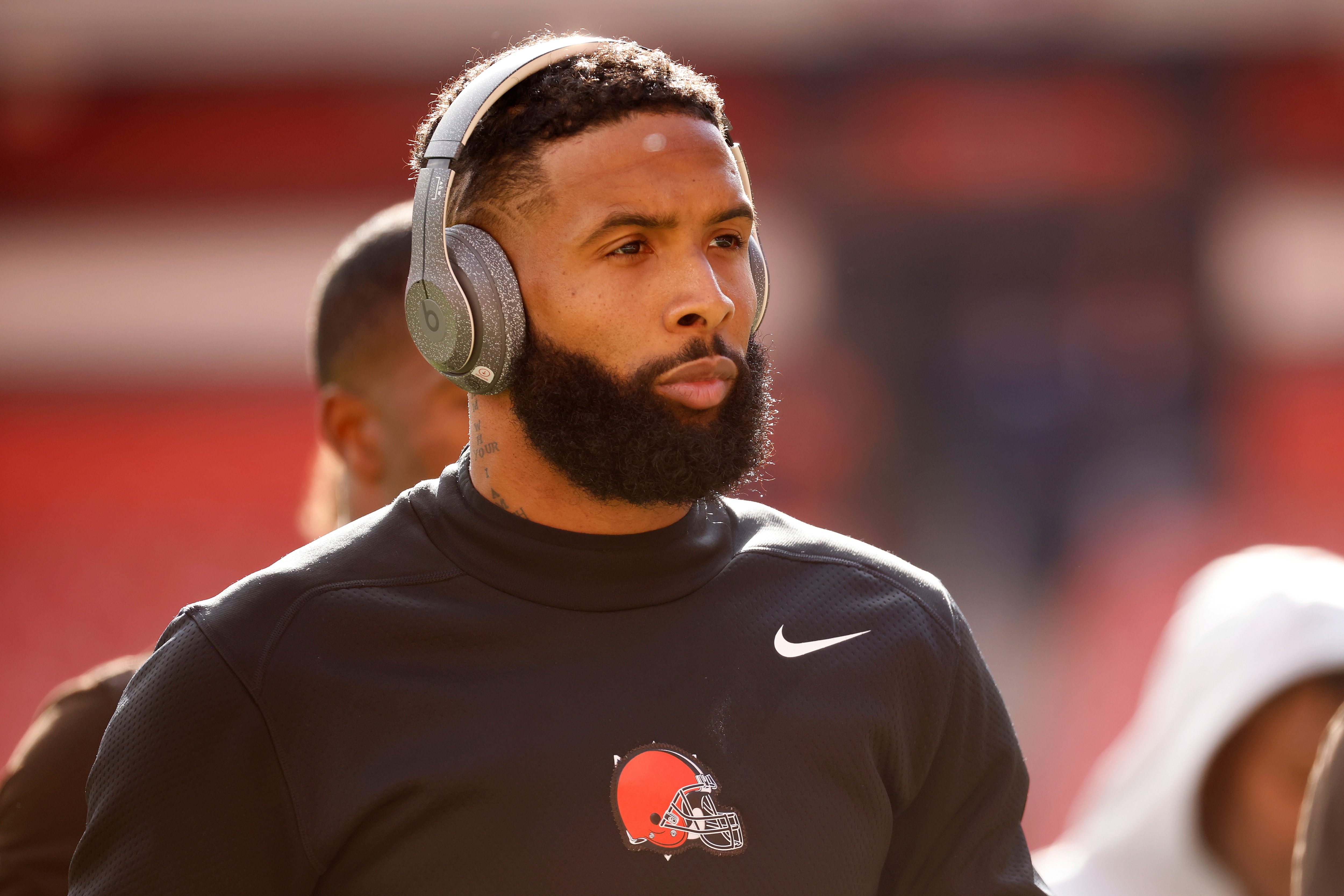 Cleveland Browns wide receiver Odell Beckham Jr. (13) walks off of the field prior to the start of an NFL football game against the Pittsburgh Steelers, Sunday, Oct. 31, 2021, in Cleveland. The star wide receiver was excused from practice on Wednesday, Nov. 3, a day after his father caused a stir before the trade deadline by sharing a video of quarterback Baker Mayfield not throwing passes to his son. (AP Photo/Kirk Irwin)