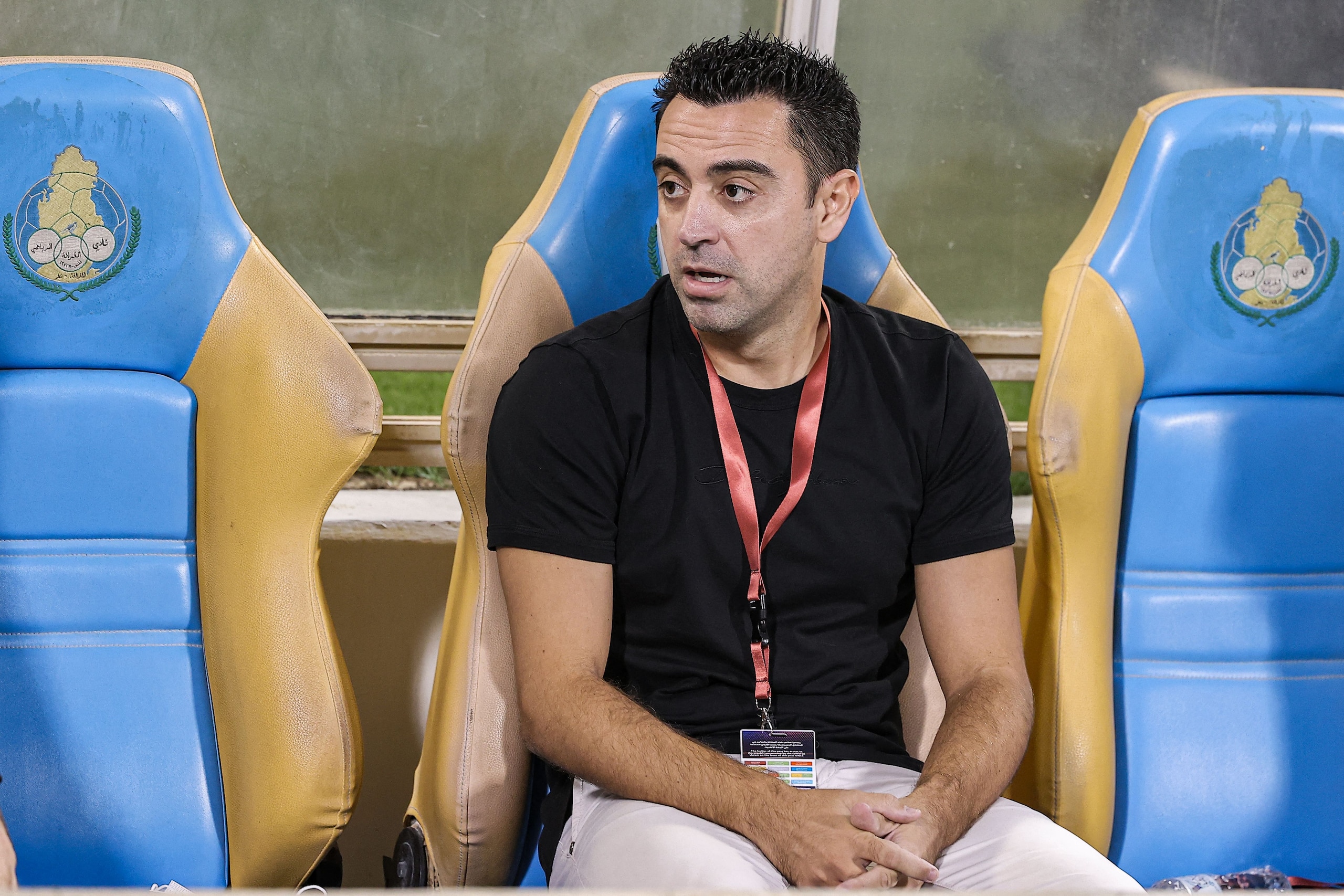 Qatari football club al-Sadd SC's Spanish coach Xavi Hernández looks on during his team's Qatar Stars League match against al-Duhail SC, at Thani Bin Jassim Stadium (Al-Gharafah Stadium) in Qatar's capital Doha on November 3, 2021. (Photo by KARIM JAAFAR / AFP) (Photo by KARIM JAAFAR/AFP via Getty Images)