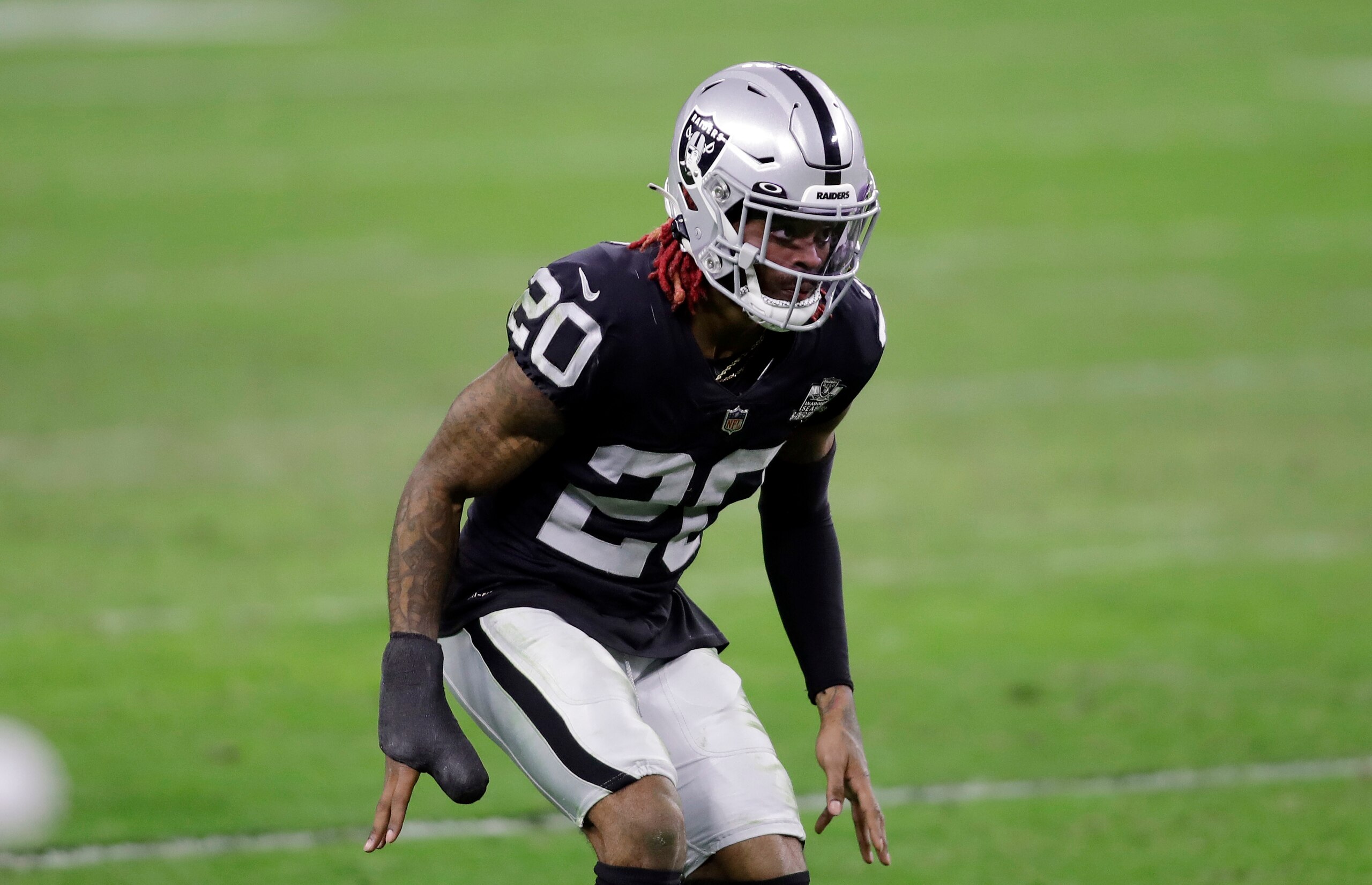 Las Vegas Raiders Damon Arnette plays against the Kansas City Chiefs during an NFL football game, Sunday, Nov. 22, 2020, in Las Vegas. (AP Photo/Isaac Brekken)