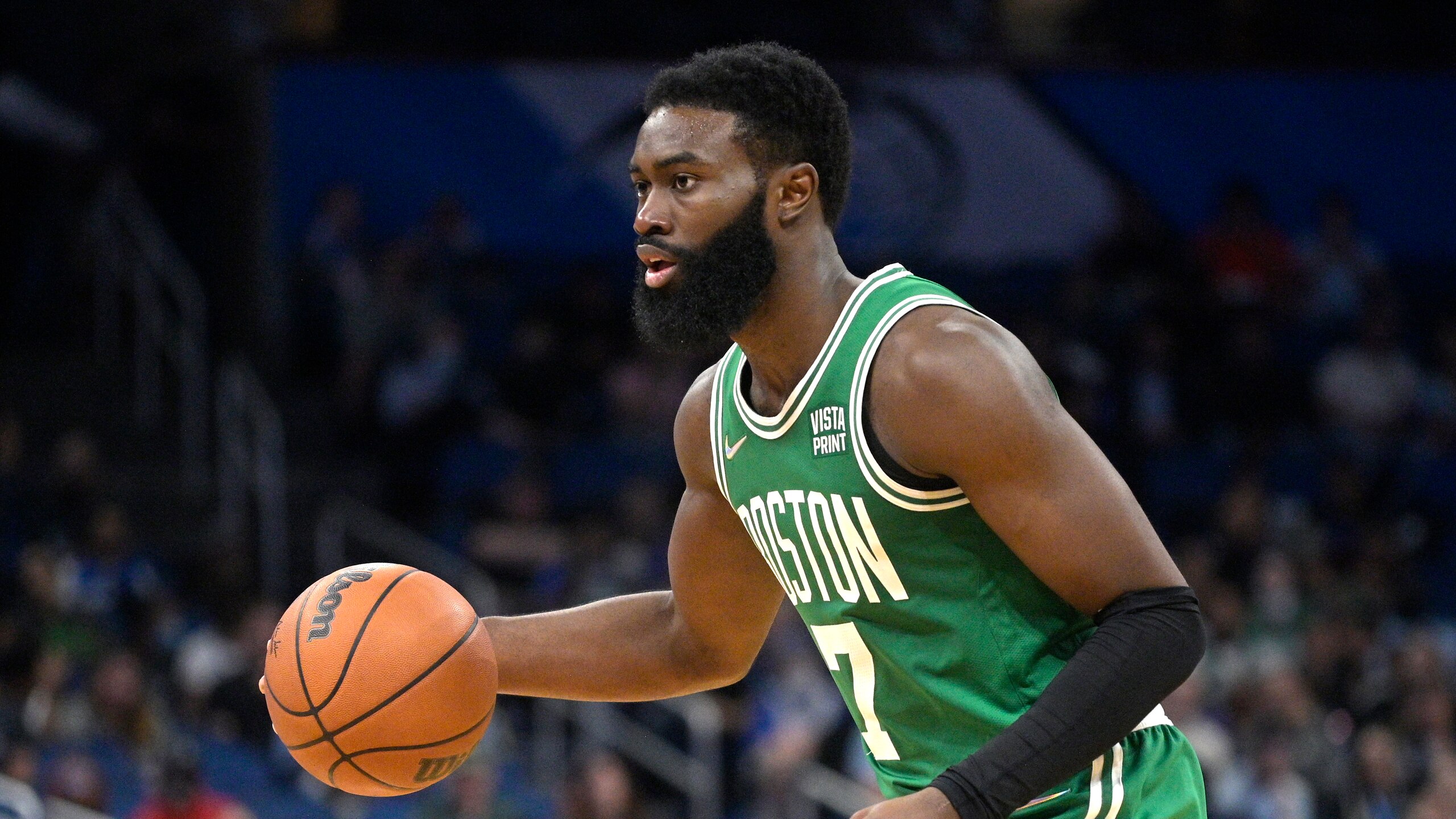 Boston Celtics guard Jaylen Brown (7) brings the ball up the court during the second half of an NBA basketball game against the Orlando Magic, Wednesday, Nov. 3, 2021, in Orlando, Fla. (AP Photo/Phelan M. Ebenhack)