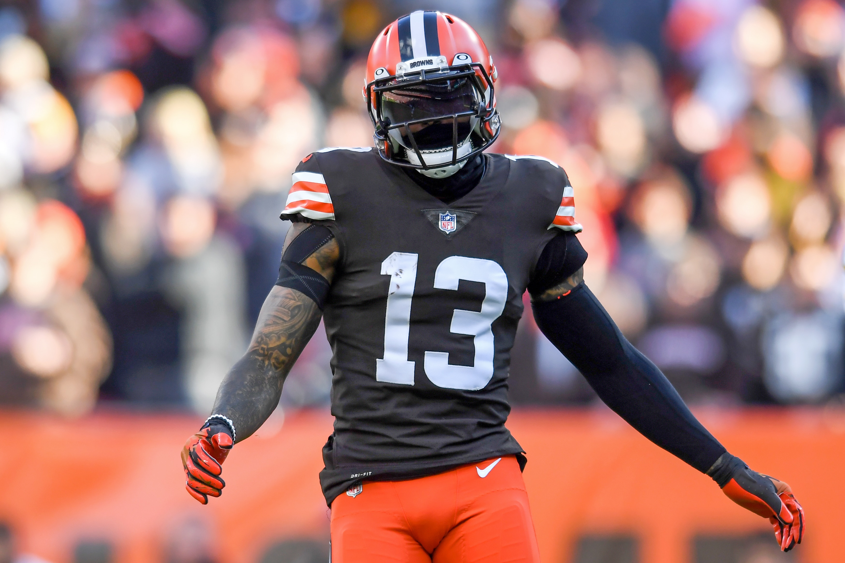 CLEVELAND, OH - OCTOBER 31: Odell Beckham Jr. #13 of the Cleveland Browns reacts during the second half against the Pittsburgh Steelers at FirstEnergy Stadium on October 31, 2021 in Cleveland, Ohio. (Photo by Nick Cammett/Diamond Images via Getty Images)