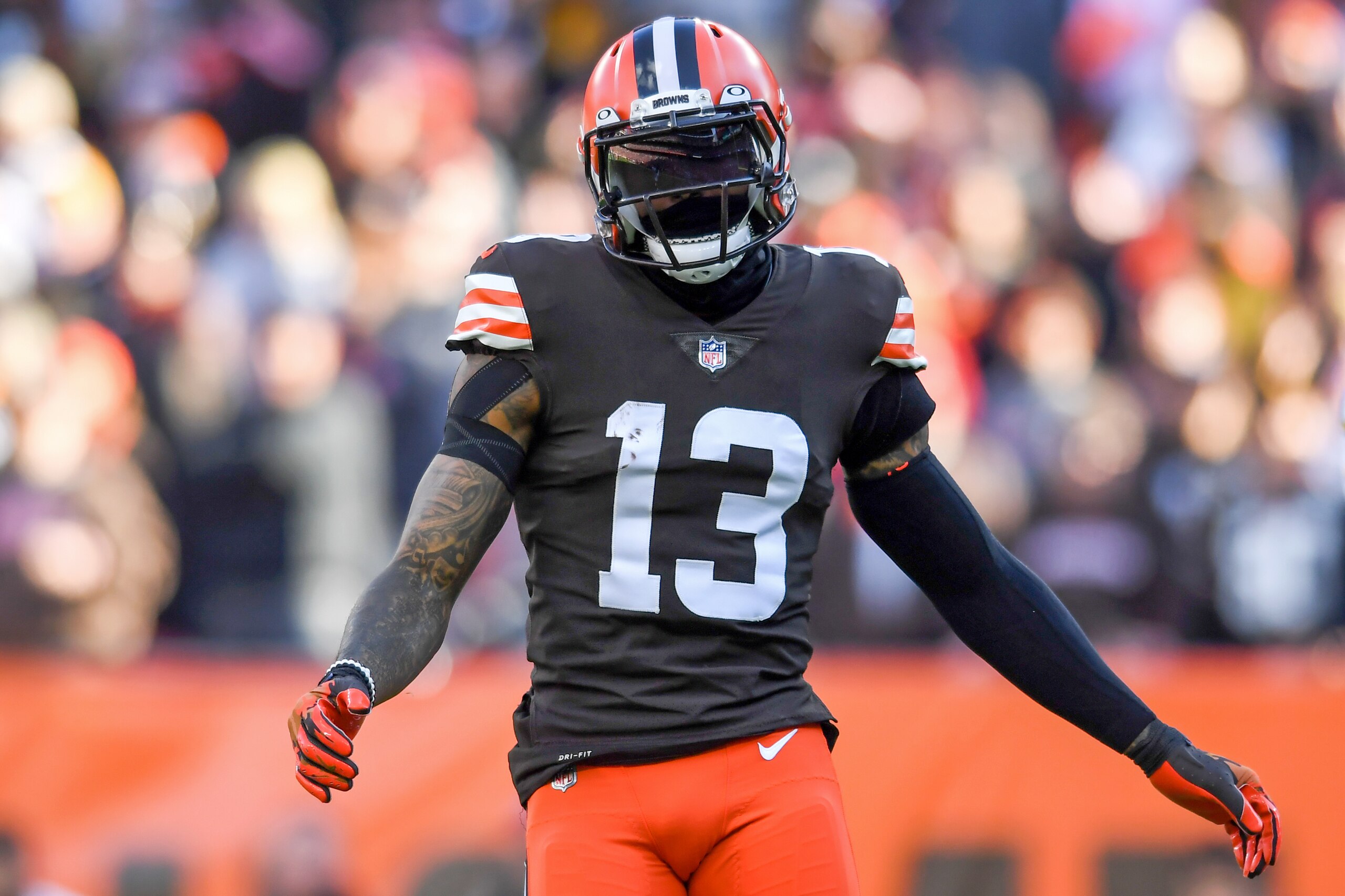 CLEVELAND, OH - OCTOBER 31: Odell Beckham Jr. #13 of the Cleveland Browns reacts during the second half against the Pittsburgh Steelers at FirstEnergy Stadium on October 31, 2021 in Cleveland, Ohio. (Photo by Nick Cammett/Diamond Images via Getty Images) CLEVELAND, OH - OCTOBER 31: Odell Beckham Jr. #13 of the Cleveland Browns reacts during the second half against the Pittsburgh Steelers at FirstEnergy Stadium on October 31, 2021 in Cleveland, Ohio. (Photo by Nick Cammett/Diamond Images via Getty Images)