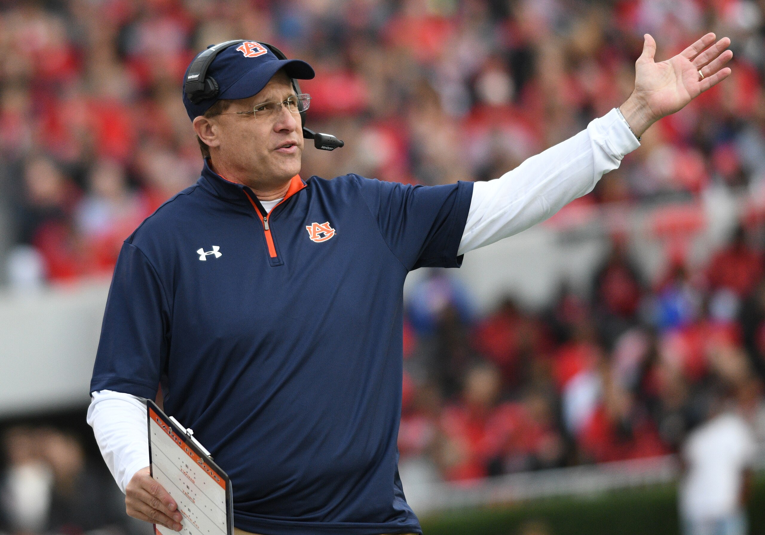 ATHENS, GA - NOVEMBER 12: Gus Malzahn Auburn Tigers Head Coach during the game between the Auburn Tigers and the Georgia Bulldogs on November 12, 2016, at Sanford Stadium at Athens, GA. Georgia defeated Auburn 13-7. (Photo by Jeffrey Vest/Icon Sportswire via Getty Images)