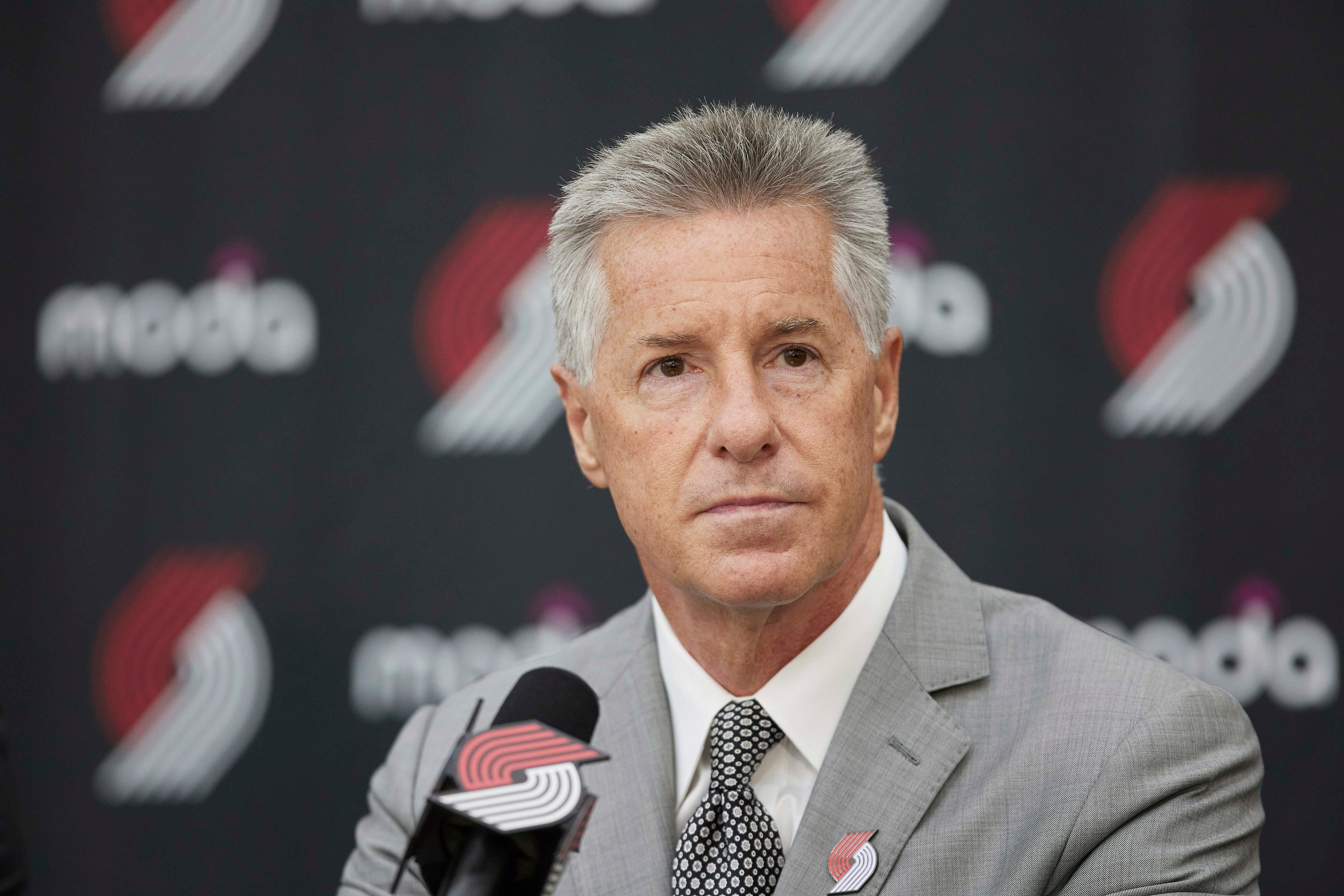 General nanager Neil Olshey talks to media after announcing Chauncey Billups as the head coach of the Portland Trail Blazers at the team's practice facility in Tualatin, Ore., Tuesday, June 29, 2021. (AP Photo/Craig Mitchelldyer) General nanager Neil Olshey talks to media after announcing Chauncey Billups as the head coach of the Portland Trail Blazers at the team's practice facility in Tualatin, Ore., Tuesday, June 29, 2021. (AP Photo/Craig Mitchelldyer)