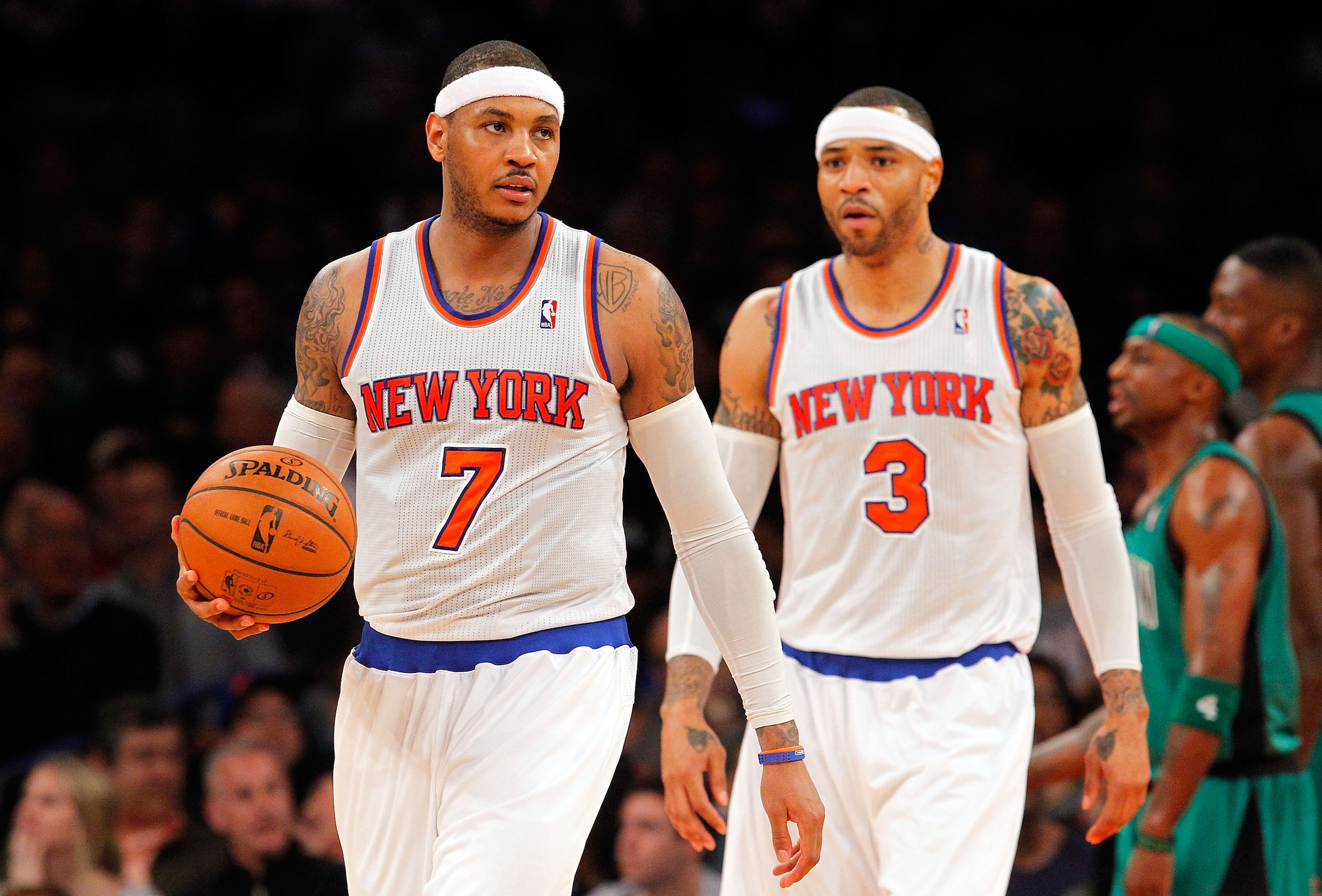 NEW YORK, NY - MARCH 31: (NEW YORK DAILIES OUT) Carmelo Anthony #7 and Kenyon Martin #3 of the New York Knicks in action against the Boston Celtics at Madison Square Garden on March 31, 2013 in New York City. The Knicks defeated the Celtics 108-89. NOTE TO USER: User expressly acknowledges and agrees that, by downloading and/or using this Photograph, user is consenting to the terms and conditions of the Getty Images License Agreement. (Photo by Jim McIsaac/Getty Images) NEW YORK, NY - MARCH 31: (NEW YORK DAILIES OUT) Carmelo Anthony #7 and Kenyon Martin #3 of the New York Knicks in action against the Boston Celtics at Madison Square Garden on March 31, 2013 in New York City. The Knicks defeated the Celtics 108-89. NOTE TO USER: User expressly acknowledges and agrees that, by downloading and/or using this Photograph, user is consenting to the terms and conditions of the Getty Images License Agreement. (Photo by Jim McIsaac/Getty Images)