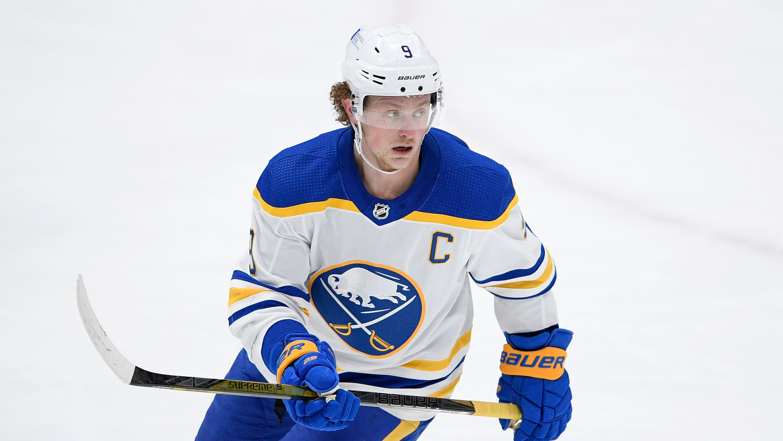 Buffalo Sabres center Jack Eichel (9) skates during the third period of an NHL hockey game against the Washington Capitals, Thursday, Feb. 18, 2021, in Washington. The Capitals won 3-1. (AP Photo/Nick Wass)