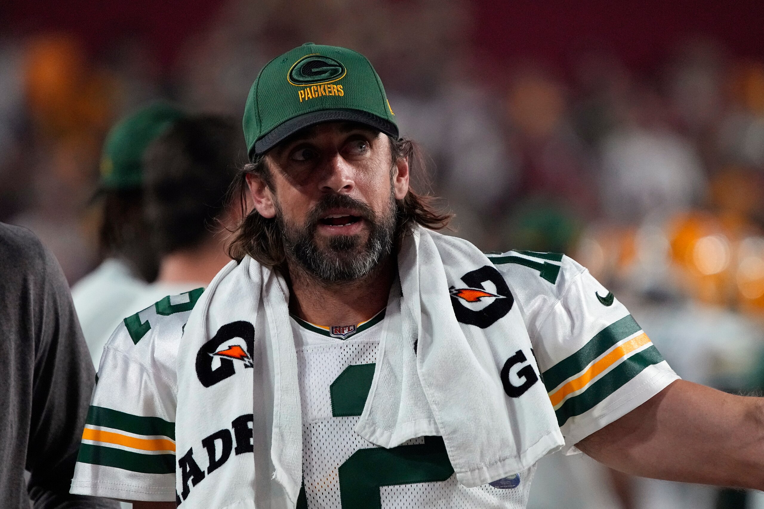 Green Bay Packers quarterback Aaron Rodgers (12) during the first half of an NFL football game against the Arizona Cardinals, Thursday, Oct. 28, 2021, in Glendale, Ariz. (AP Photo/Rick Scuteri)