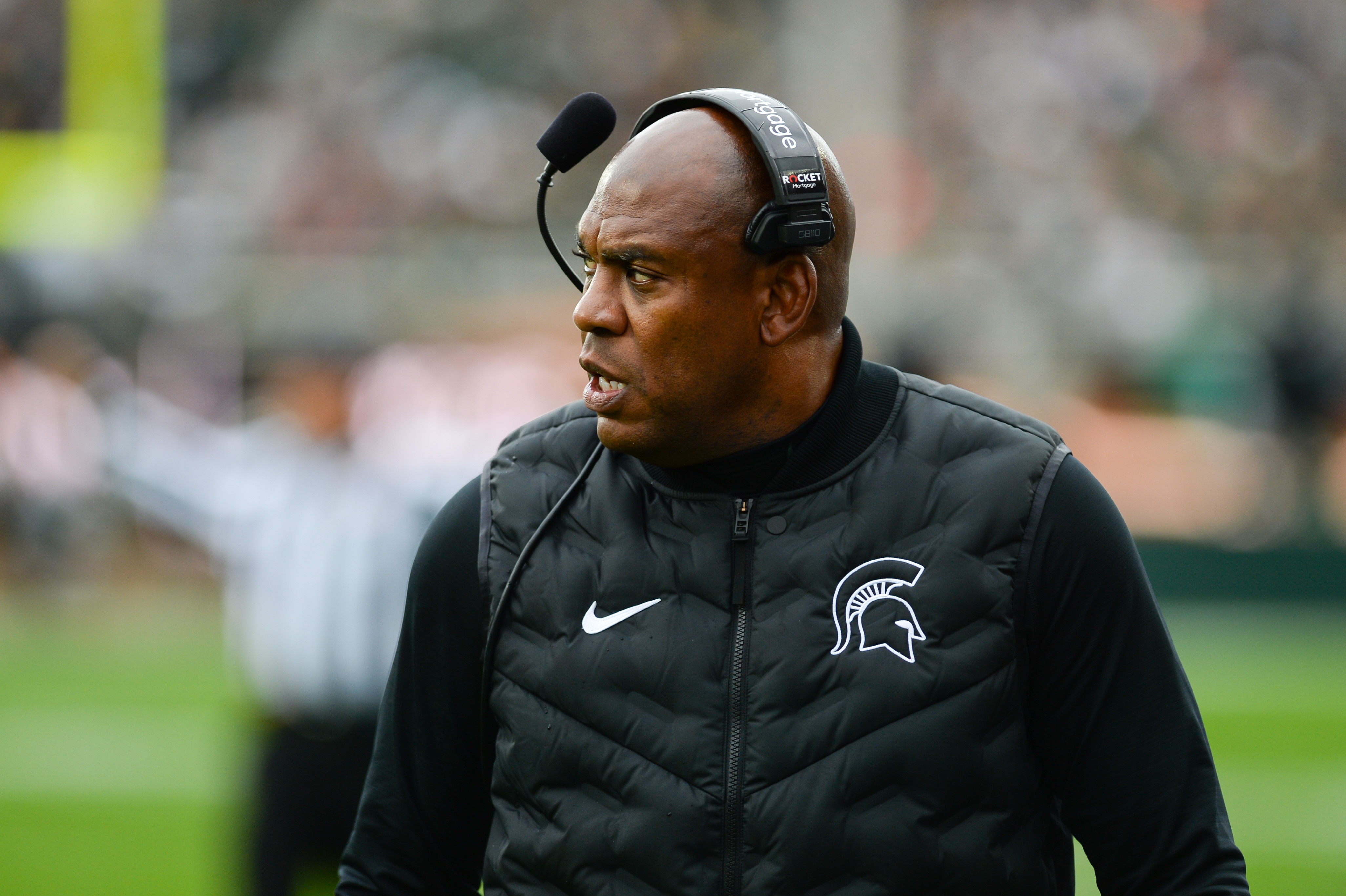 EAST LANSING, MI - OCTOBER 30: Michigan State Spartans head coach Mel Tucker paces the sideline during a college football game between the Michigan State Spartans and the Michigan Wolverines on October 30, 2021 at Spartan Stadium in East Lansing, MI. (Photo by Adam Ruff/Icon Sportswire via Getty Images)
