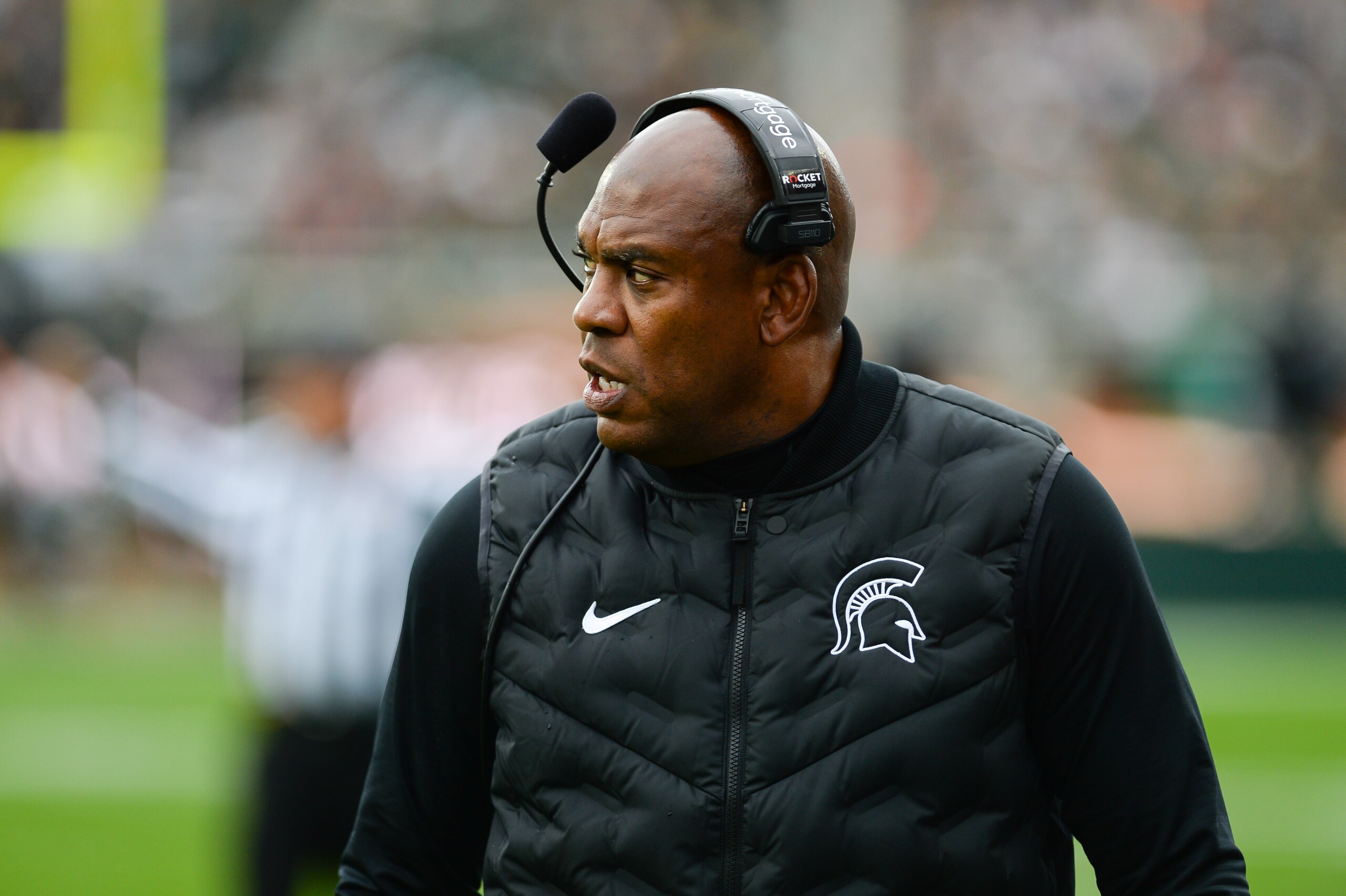 EAST LANSING, MI - OCTOBER 30: Michigan State Spartans head coach Mel Tucker paces the sideline during a college football game between the Michigan State Spartans and the Michigan Wolverines on October 30, 2021 at Spartan Stadium in East Lansing, MI. (Photo by Adam Ruff/Icon Sportswire via Getty Images)