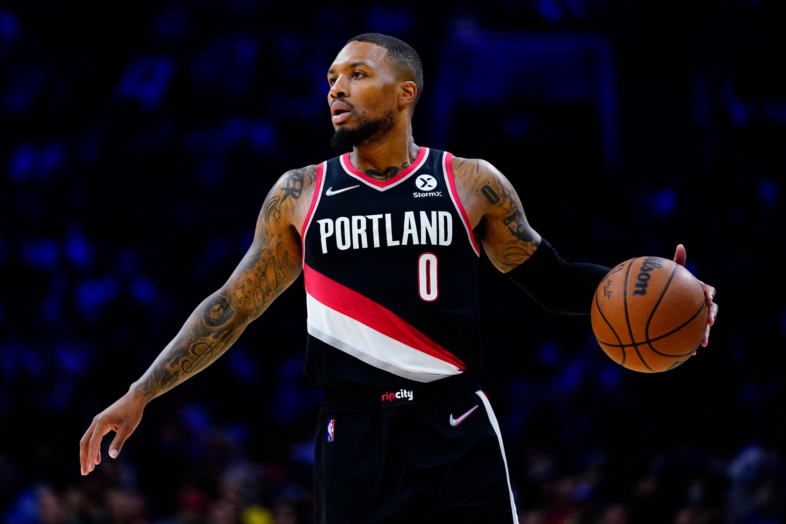 Portland Trail Blazers' Damian Lillard plays during an NBA basketball game, Monday, Nov. 1, 2021, in Philadelphia. (AP Photo/Matt Slocum)