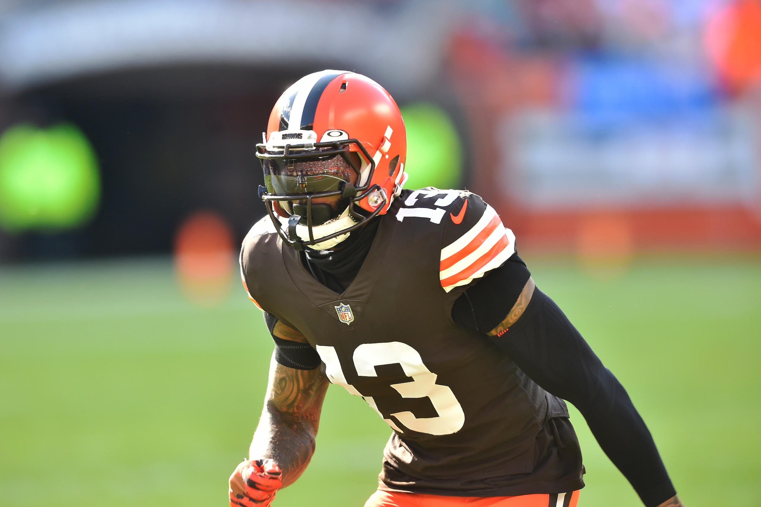 Cleveland Browns wide receiver Odell Beckham Jr. runs a route during an NFL football game against the Pittsburgh Steelers, Sunday, Oct. 31, 2021, in Cleveland. The Steelers won 15-10. (AP Photo/David Richard)