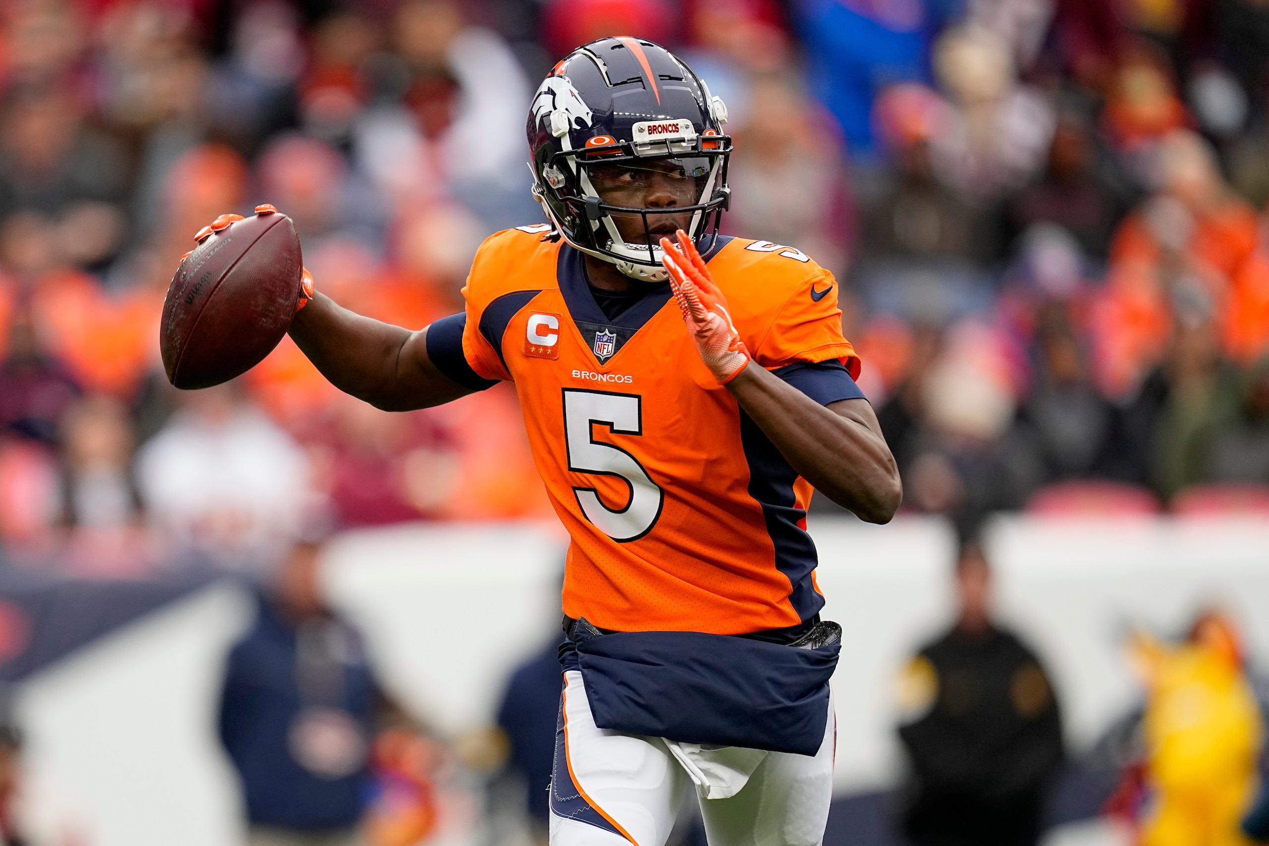 Denver Broncos quarterback Teddy Bridgewater (5) looks to throw against the Washington Football Team during the first half of an NFL football game, Sunday, Oct. 31, 2021, in Denver. (AP Photo/Jack Dempsey)