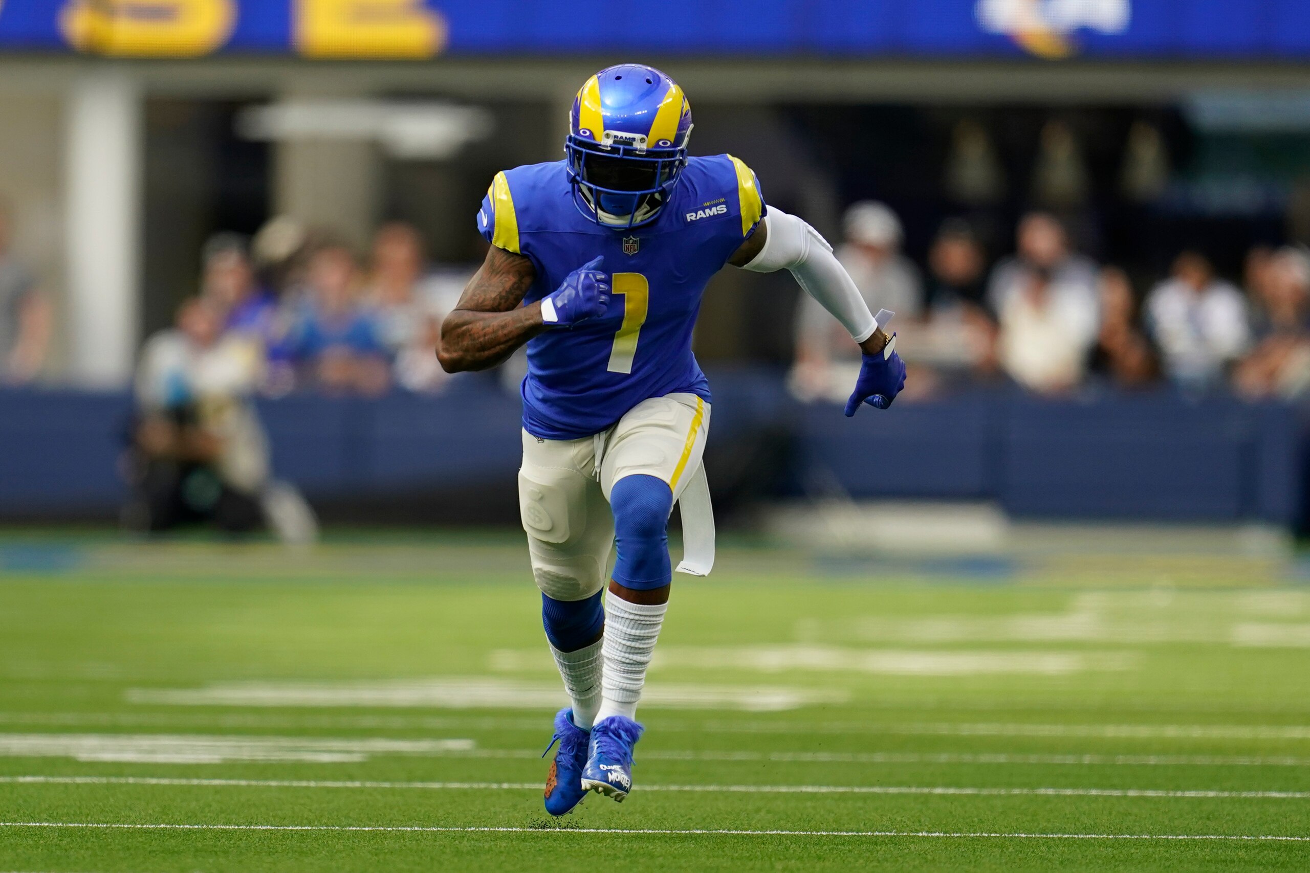 Los Angeles Rams wide receiver DeSean Jackson during the first half of an NFL football game against the Detroit Lions Sunday, Oct. 24, 2021, in Inglewood, Calif. (AP Photo/Marcio Jose Sanchez)