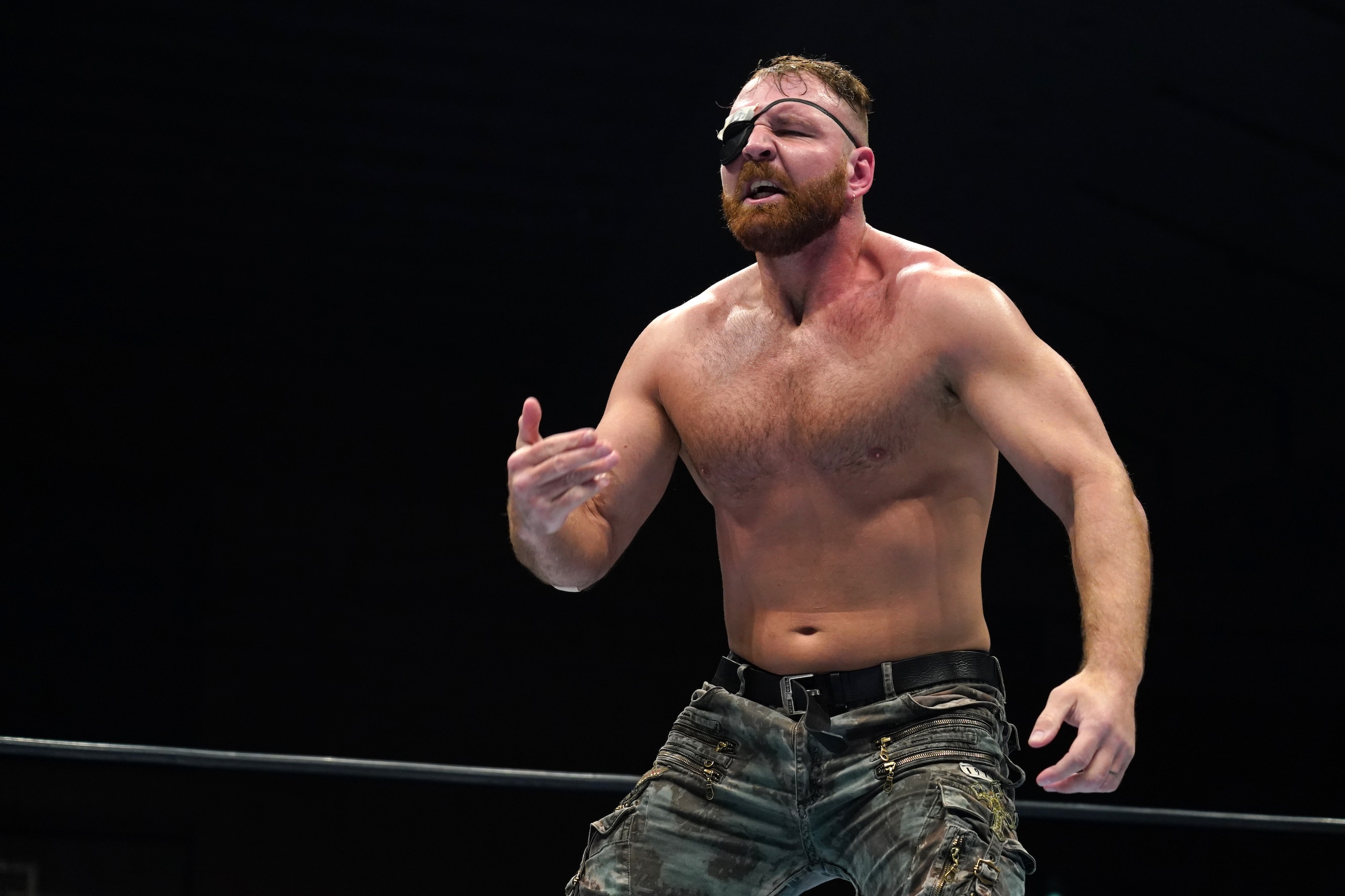 SAPPORO, JAPAN - FEBRUARY 01:  Jon Moxley reacts during the New Japan Pro-Wrestling 'The New Beginning in Sapporo' at Hokkai Kitayell on February 01, 2020 in Sapporo, Hokkaido, Japan. (Photo by Etsuo Hara/Getty Images)