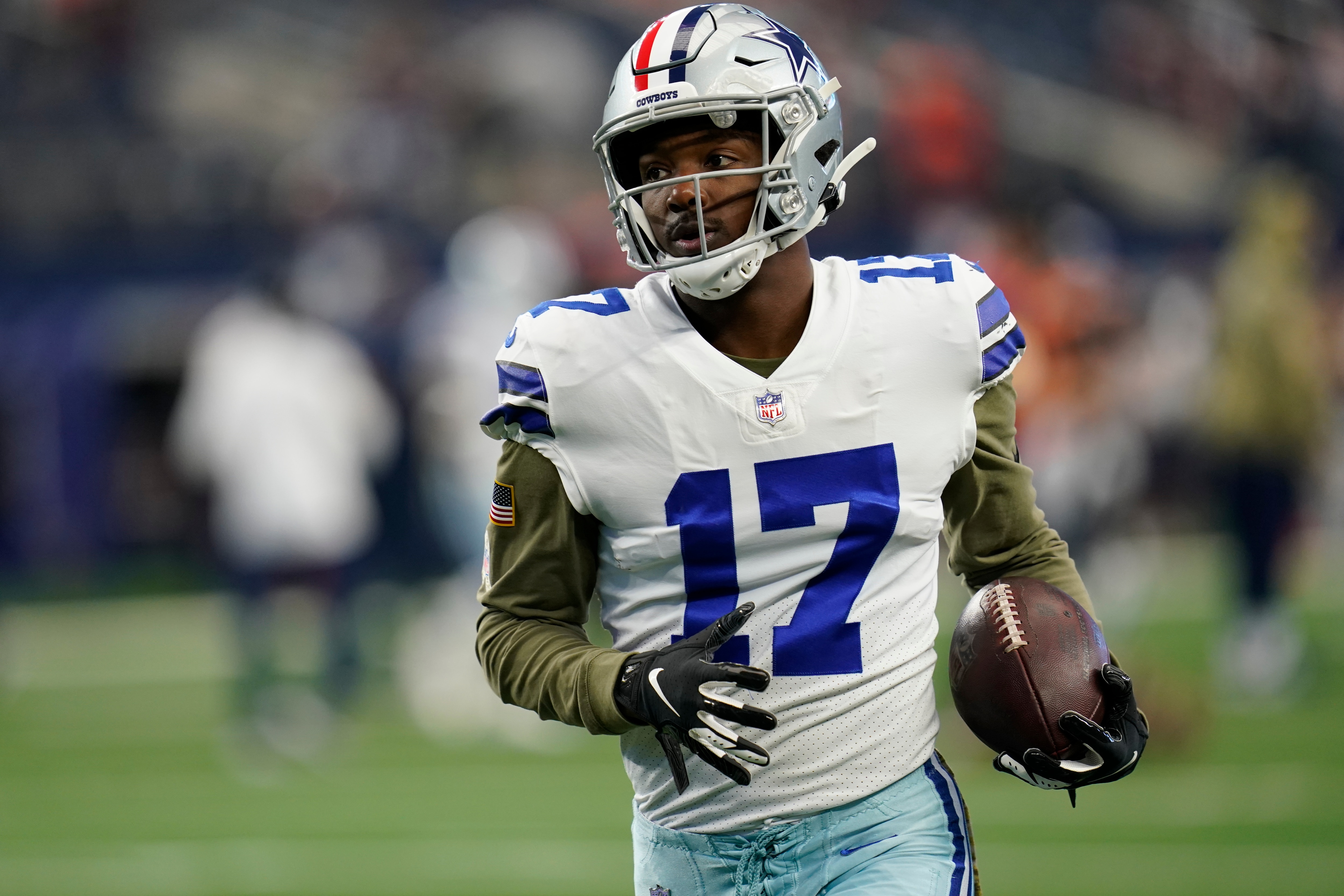 Dallas Cowboys wide receiver Malik Turner (17) during pregame warmups before an NFL football game against the Denver Broncos, Sunday, Nov. 7, 2021, in Arlington, Texas. (AP Photo/Matt Patterson)