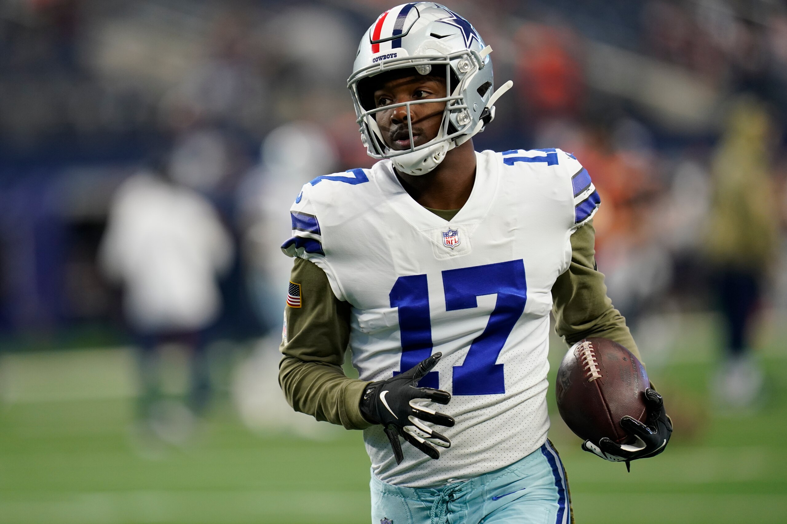 Dallas Cowboys wide receiver Malik Turner (17) during pregame warmups before an NFL football game against the Denver Broncos, Sunday, Nov. 7, 2021, in Arlington, Texas. (AP Photo/Matt Patterson)