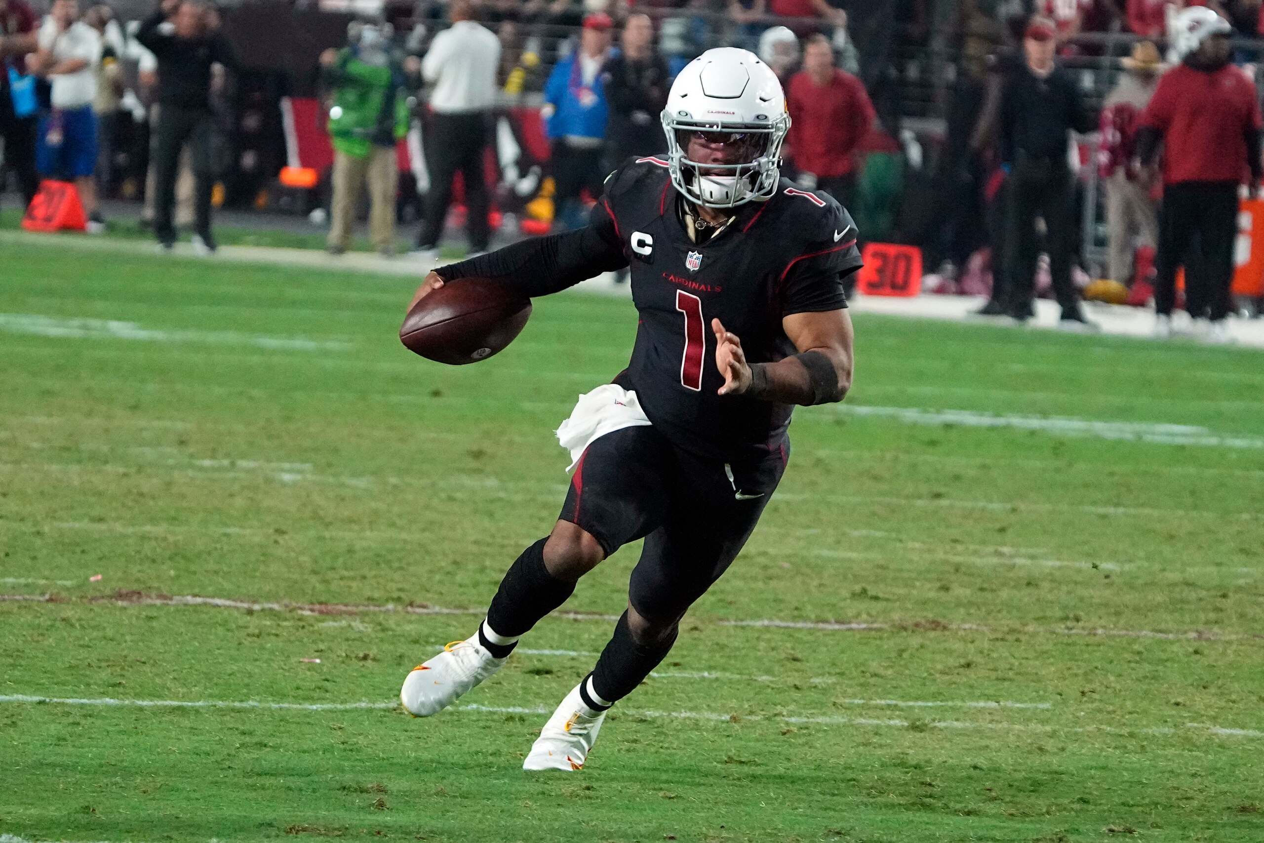 Arizona Cardinals quarterback Kyler Murray (1) during the first half of an NFL football game against the Green Bay Packers, Thursday, Oct. 28, 2021, in Glendale, Ariz. (AP Photo/Rick Scuteri)