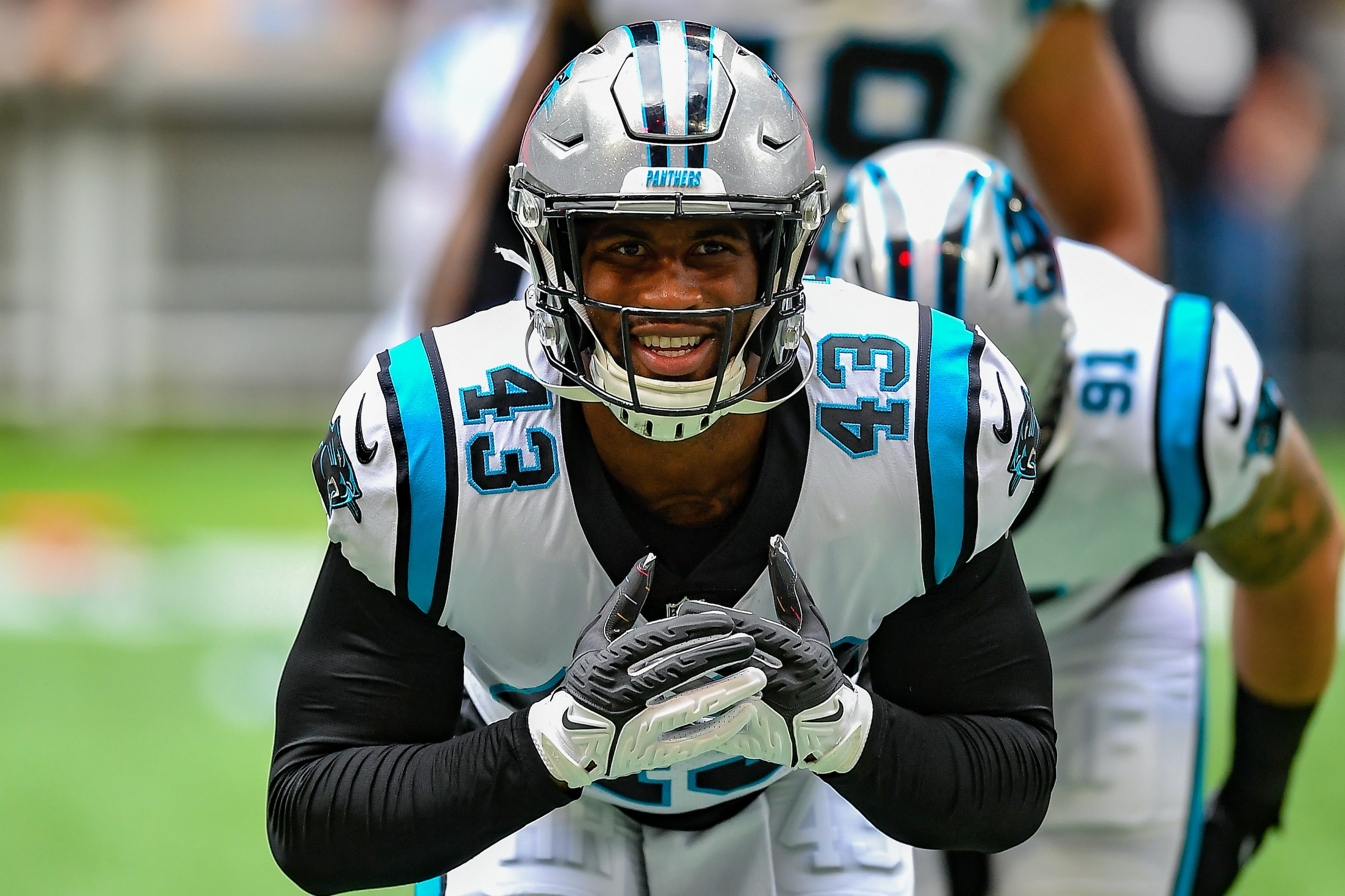 ATLANTA, GA  OCTOBER 31:  Carolina outside linebacker Haason Reddick (43) warms up prior to the start of the NFL game between the Carolina Panthers and the Atlanta Falcons on October 31st, 2021 at Mercedes-Benz Stadium in Atlanta, GA.  (Photo by Rich von Biberstein/Icon Sportswire via Getty Images)