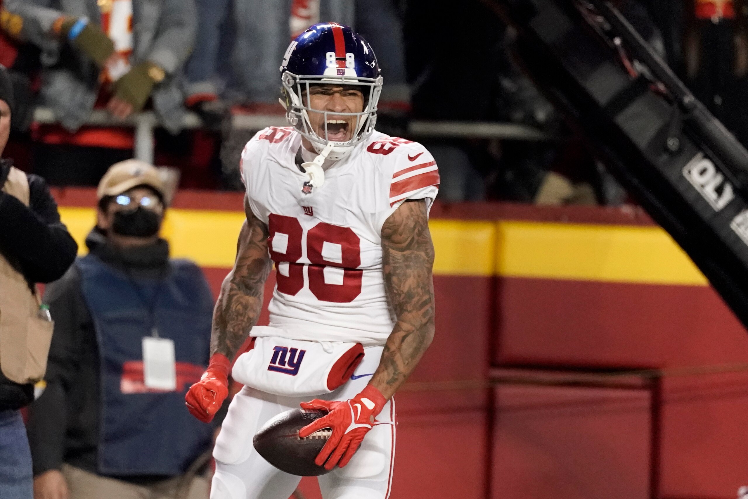 New York Giants tight end Evan Engram celebrates after scoring during the second half of an NFL football game against the Kansas City Chiefs Monday, Nov. 1, 2021, in Kansas City, Mo. (AP Photo/Charlie Riedel) New York Giants tight end Evan Engram celebrates after scoring during the second half of an NFL football game against the Kansas City Chiefs Monday, Nov. 1, 2021, in Kansas City, Mo. (AP Photo/Charlie Riedel)