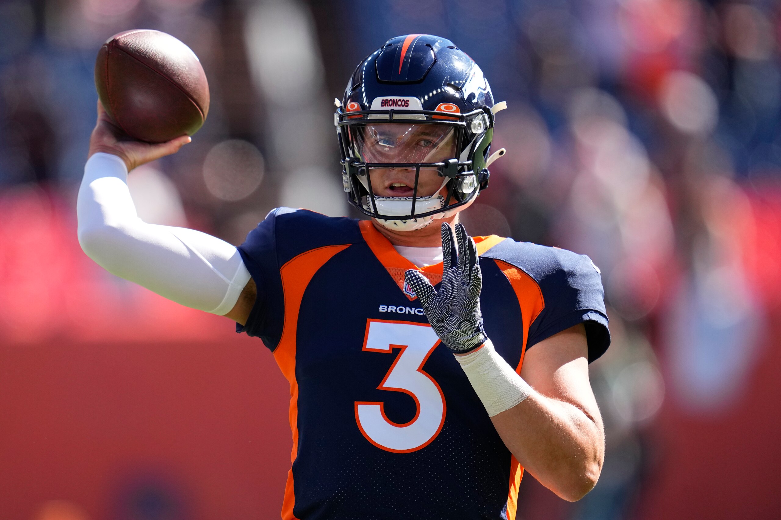 Denver Broncos quarterback Drew Lock (3) during an NFL football game against the Las Vegas Raiders, Sunday, Oct. 17, 2021, in Denver. The Raiders won 34-24. (AP Photo/Jack Dempsey)
