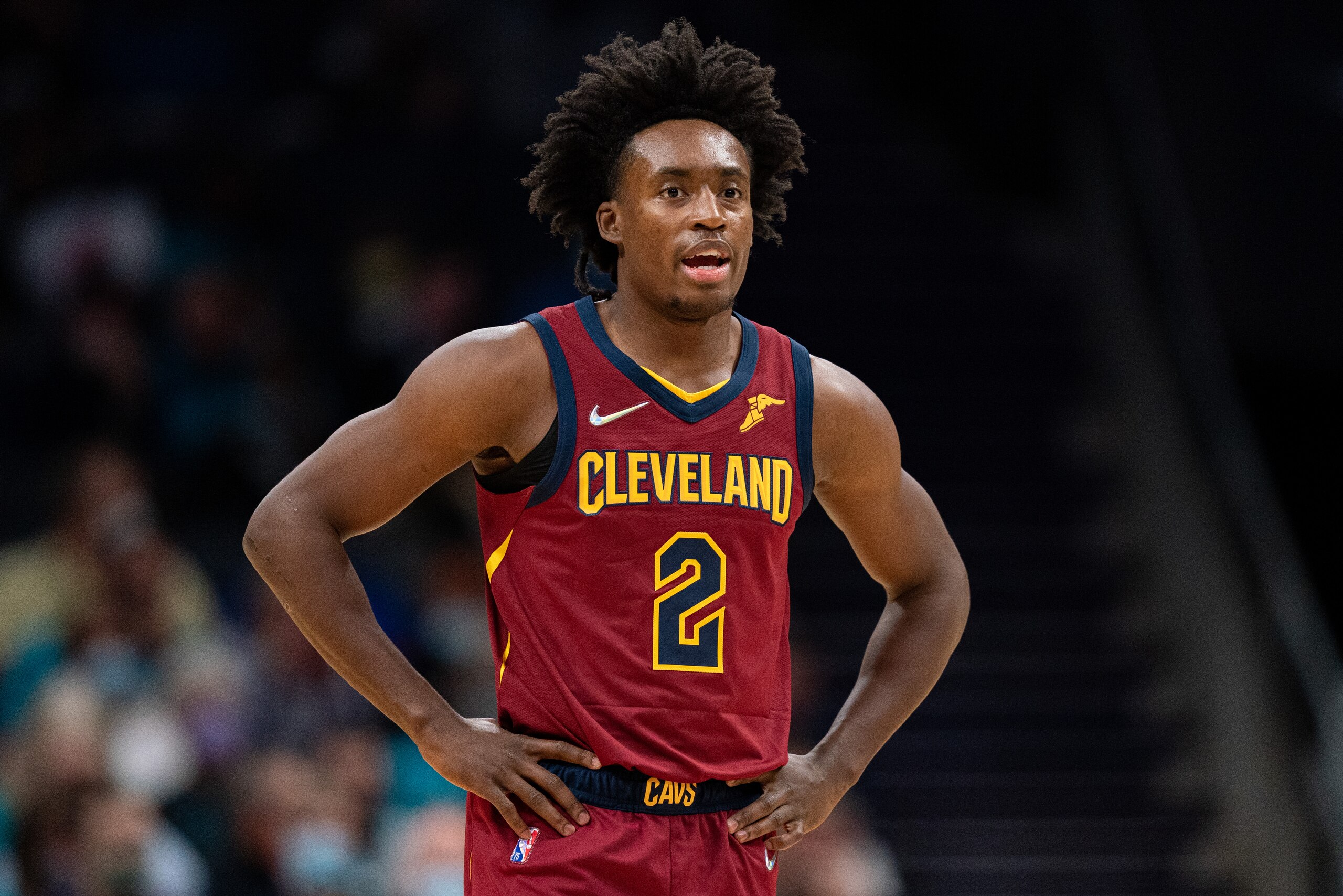 CHARLOTTE, NORTH CAROLINA - NOVEMBER 01: Collin Sexton #2 of the Cleveland Cavaliers looks on during their game against the Charlotte Hornets at Spectrum Center on November 01, 2021 in Charlotte, North Carolina. NOTE TO USER: User expressly acknowledges and agrees that, by downloading and or using this photograph, User is consenting to the terms and conditions of the Getty Images License Agreement. (Photo by Jacob Kupferman/Getty Images)