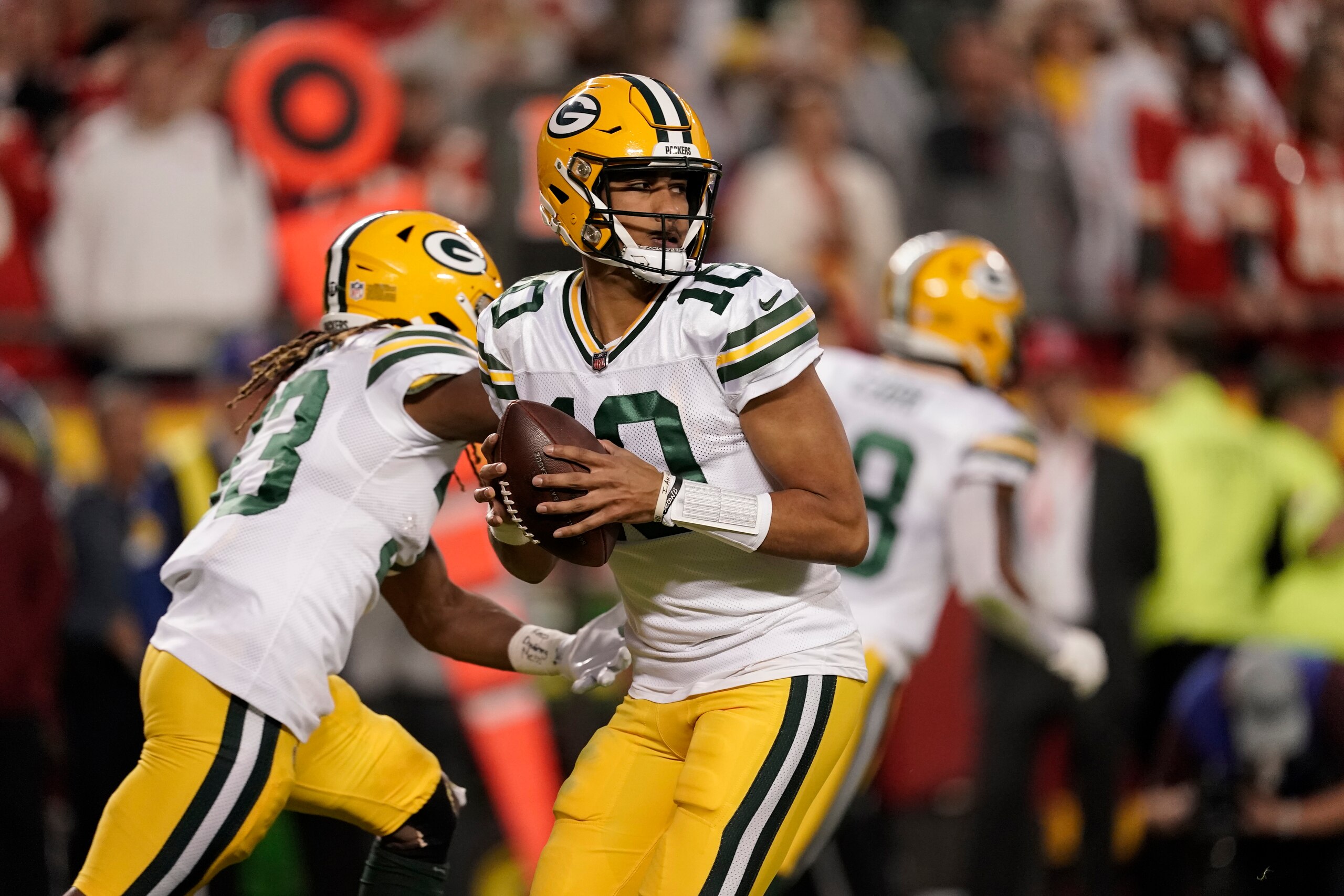 Green Bay Packers quarterback Jordan Love drops back to pass during the second half of an NFL football game against the Kansas City Chiefs Sunday, Nov. 7, 2021, in Kansas City, Mo. (AP Photo/Charlie Riedel)