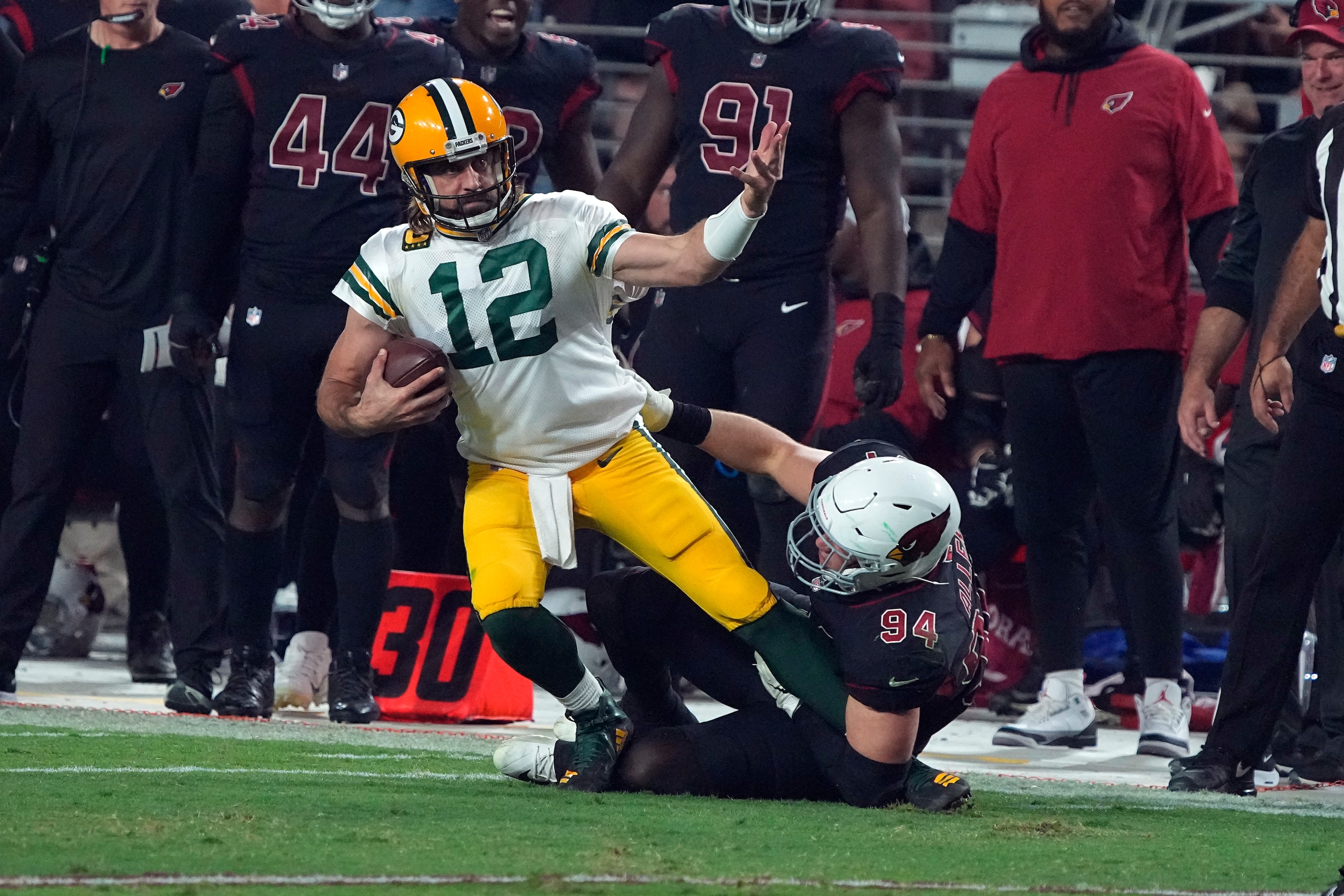 Green Bay Packers quarterback Aaron Rodgers (12) during the first half of an NFL football game against the Arizona Cardinals, Thursday, Oct. 28, 2021, in Glendale, Ariz. (AP Photo/Rick Scuteri)