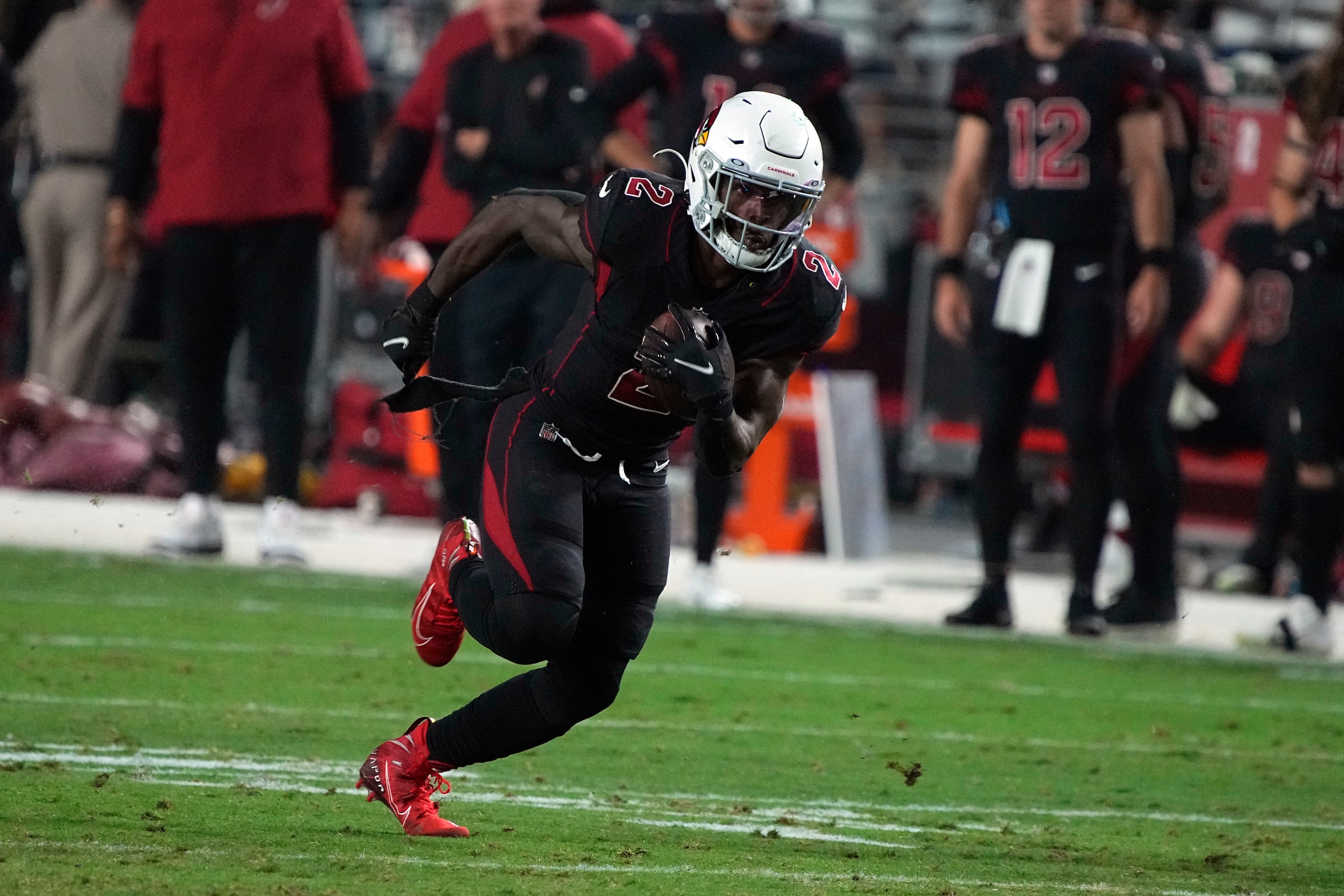 Arizona Cardinals running back Chase Edmonds (2) during the first half of an NFL football game against the Green Bay Packers, Thursday, Oct. 28, 2021, in Glendale, Ariz. (AP Photo/Rick Scuteri)