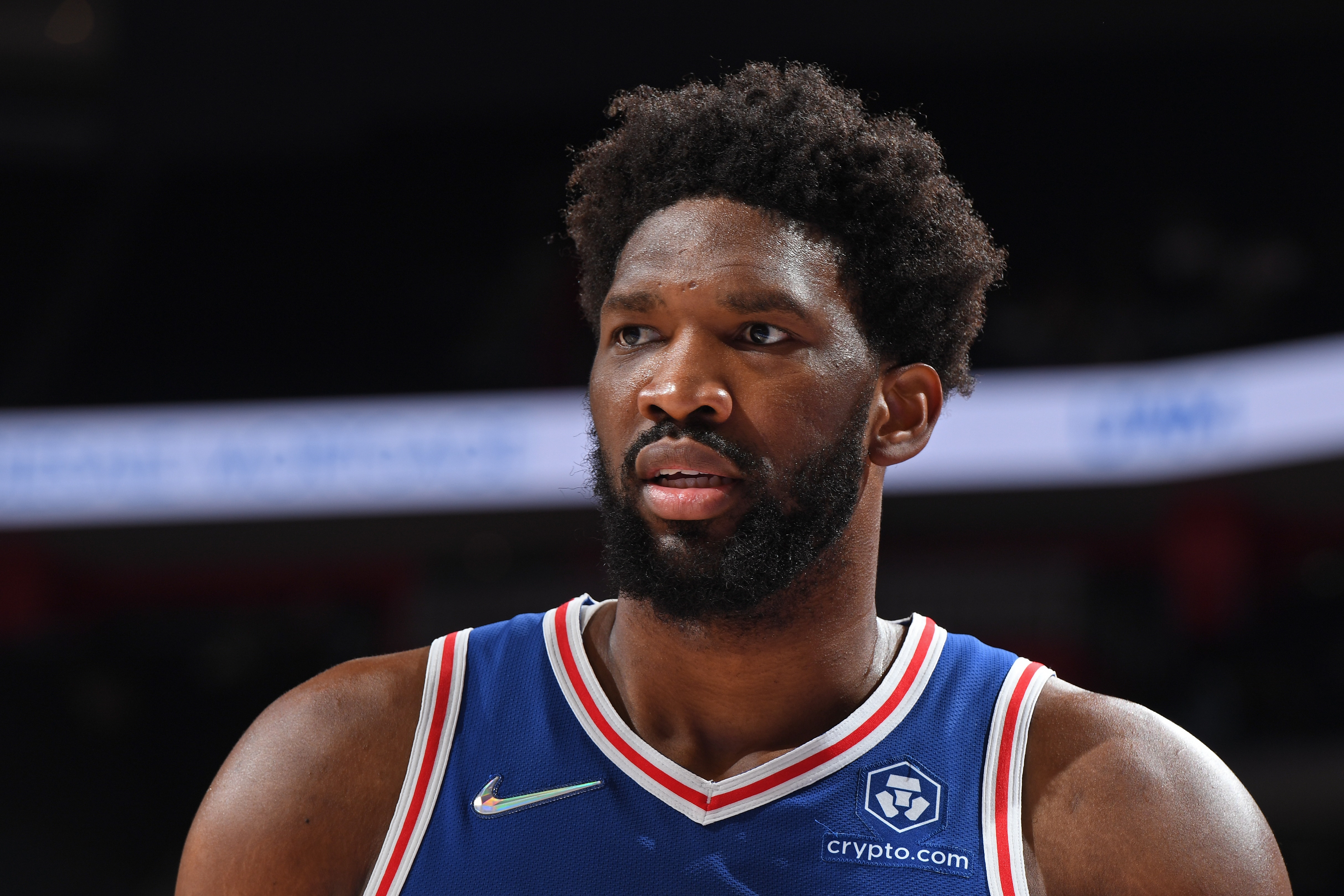DETROIT, MI - NOVEMBER 4: A close up shot of Joel Embiid #21 of the Philadelphia 76ers against the Detroit Pistons on November 4, 2021 at Little Caesars Arena in Detroit, Michigan. NOTE TO USER: User expressly acknowledges and agrees that, by downloading and/or using this photograph, User is consenting to the terms and conditions of the Getty Images License Agreement. Mandatory Copyright Notice: Copyright 2021 NBAE (Photo by Chris Schwegler/NBAE via Getty Images)
