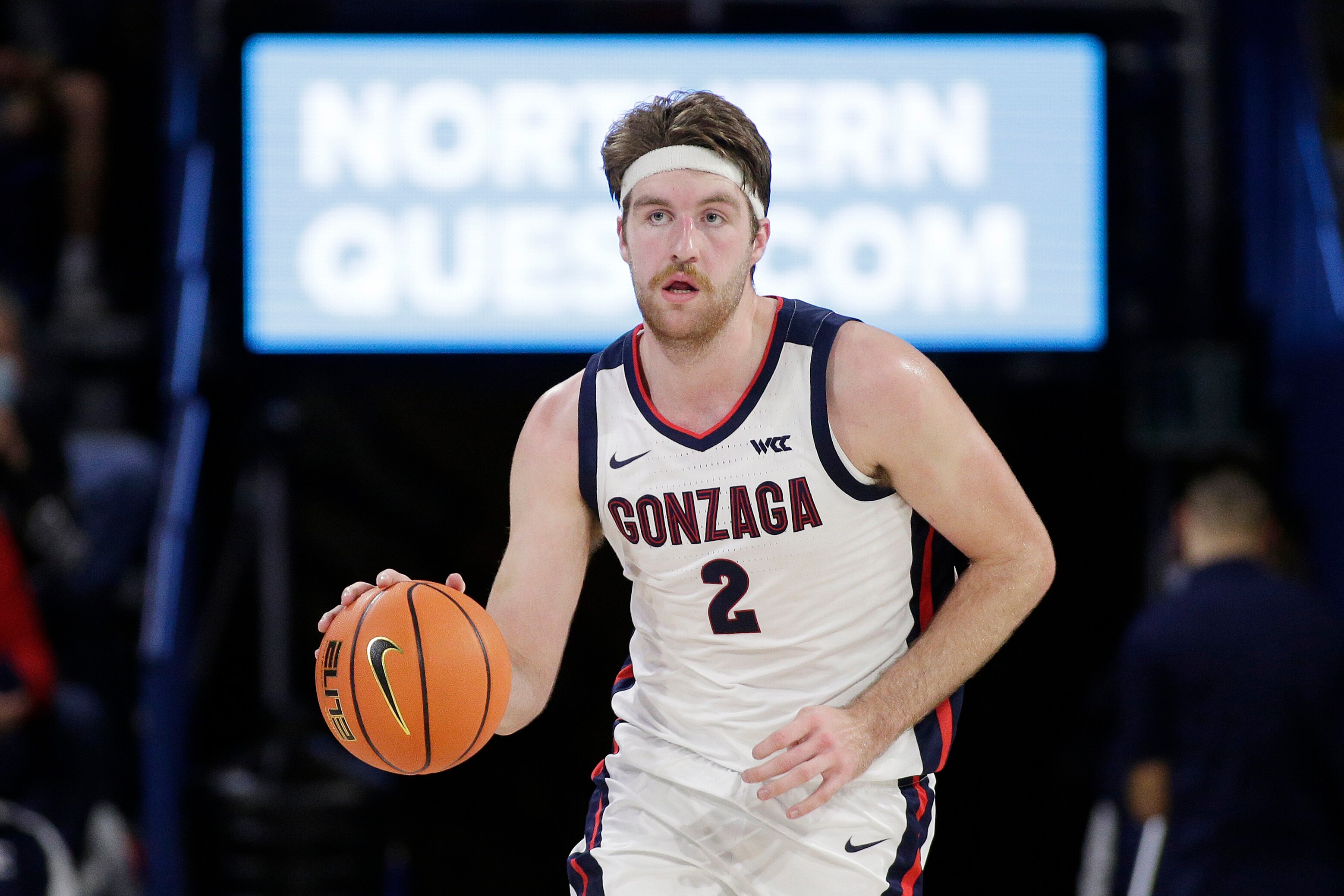 Gonzaga forward Drew Timme controls the ball during the second half of a college basketball exhibition game against Lewis-Clark State, Friday, Nov. 5, 2021, in Spokane, Wash. (AP Photo/Young Kwak)