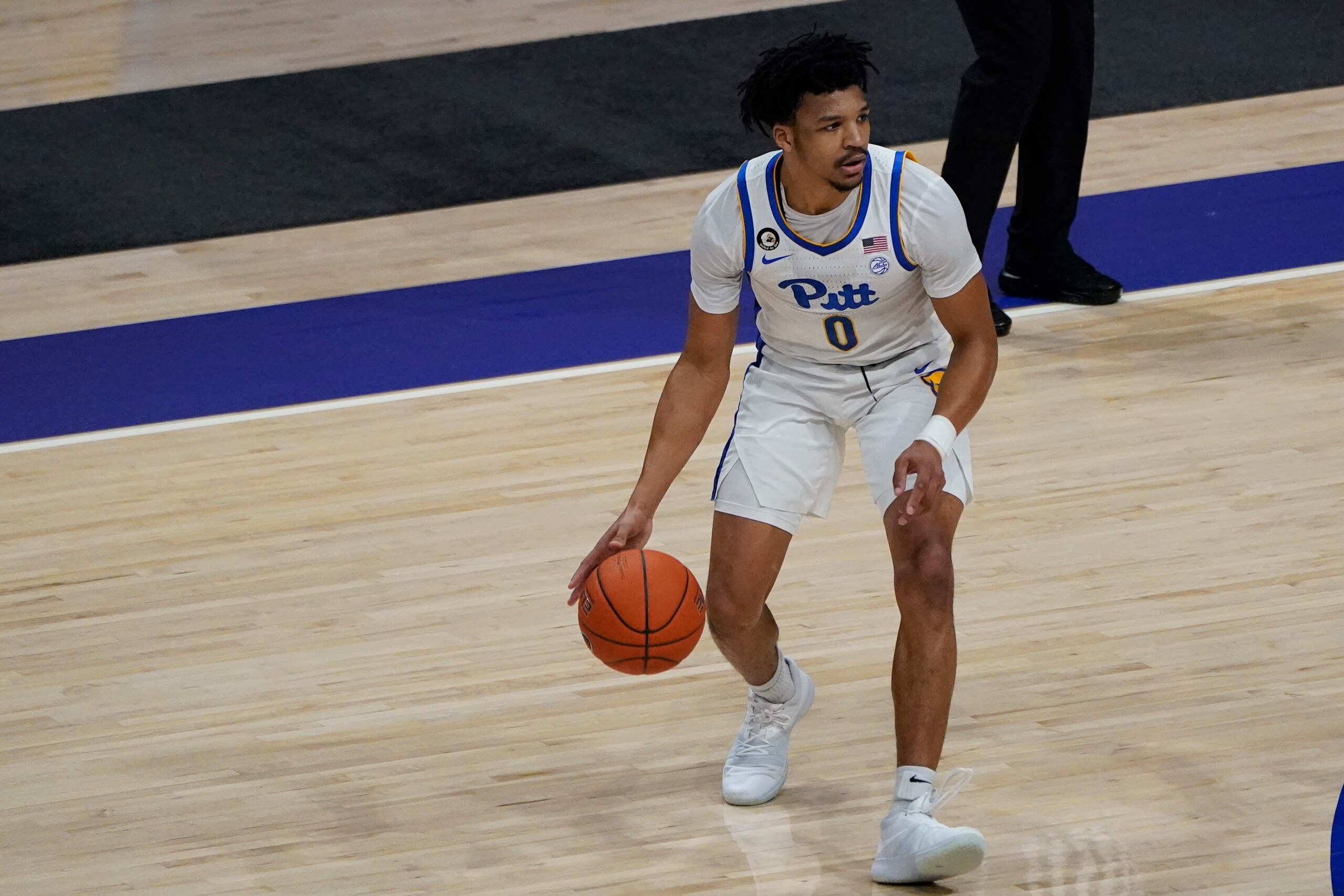 Pittsburgh's Ithiel Horton (0) plays against Virginia Tech during an NCAA college basketball game , Wednesday, Feb. 3, 2021, in Pittsburgh. (AP Photo/Keith Srakocic)