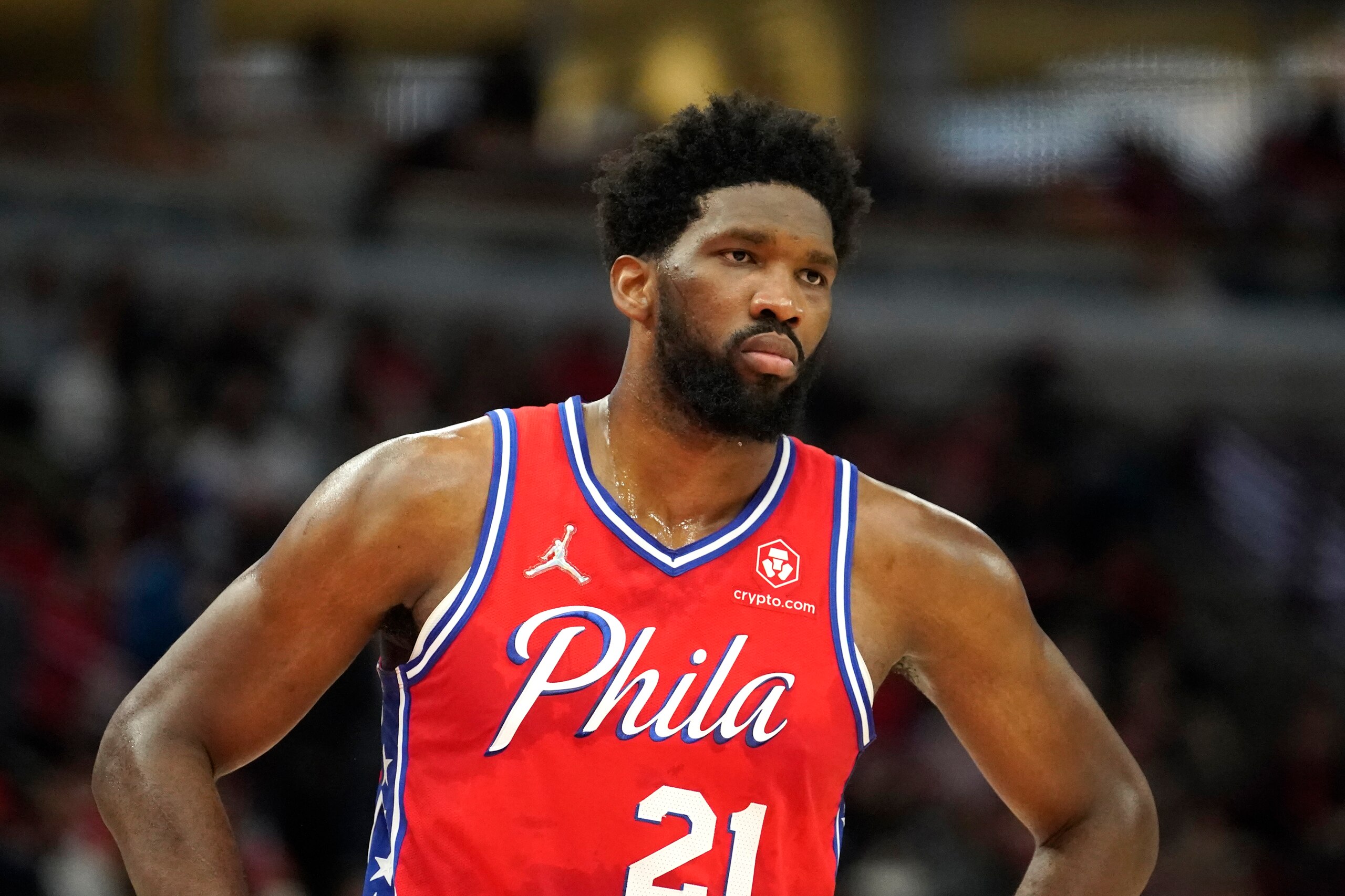 Philadelphia 76ers' Joel Embiid looks into the stands in an NBA basketball game against the Chicago Bulls Saturday, Nov. 6, 2021, in Chicago. (AP Photo/Charles Rex Arbogast)