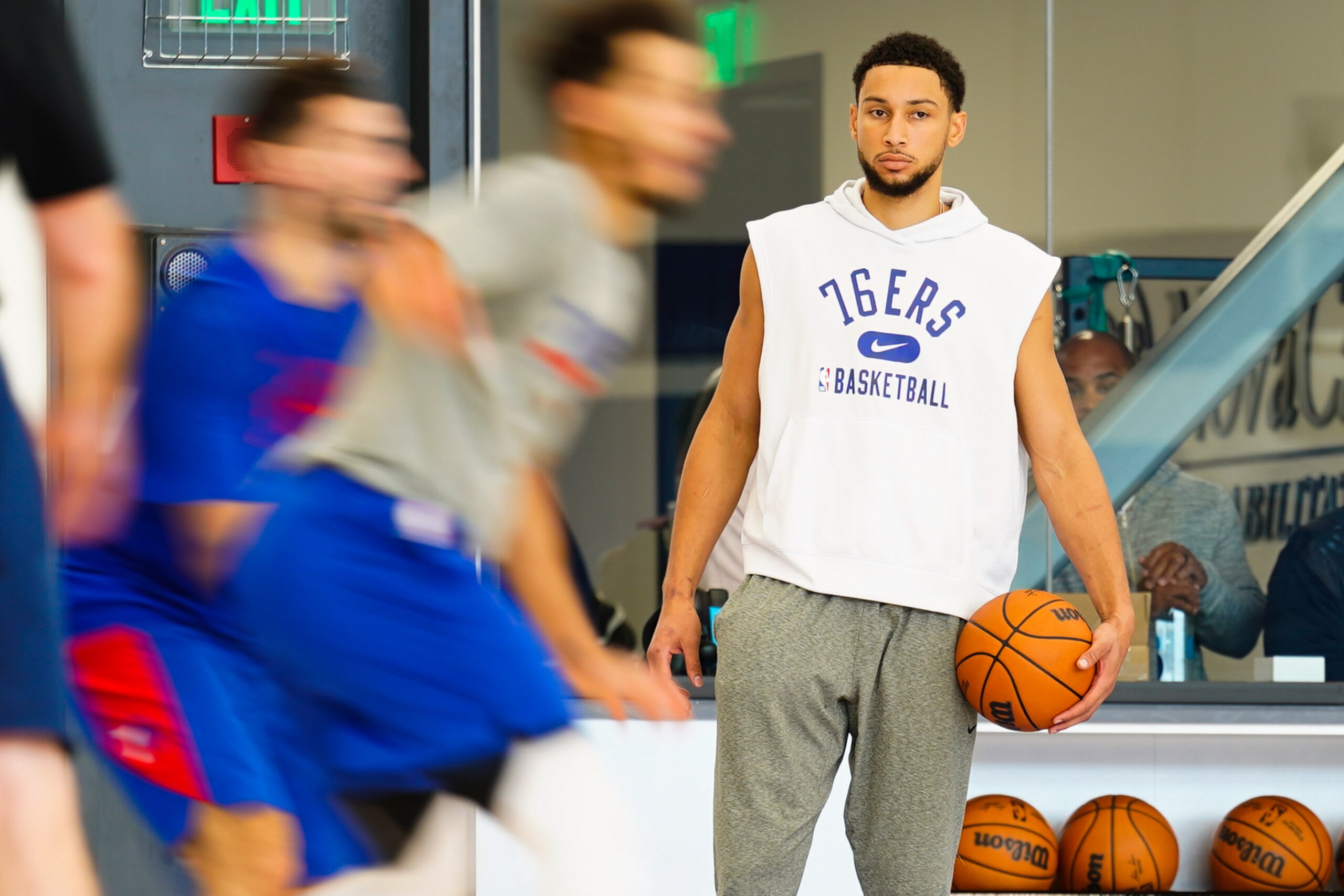 Philadelphia 76ers' Ben Simmons takes part in a practice at the NBA basketball team's facility, Monday, Oct. 18, 2021, in Camden, N.J. (AP Photo/Matt Rourke)
