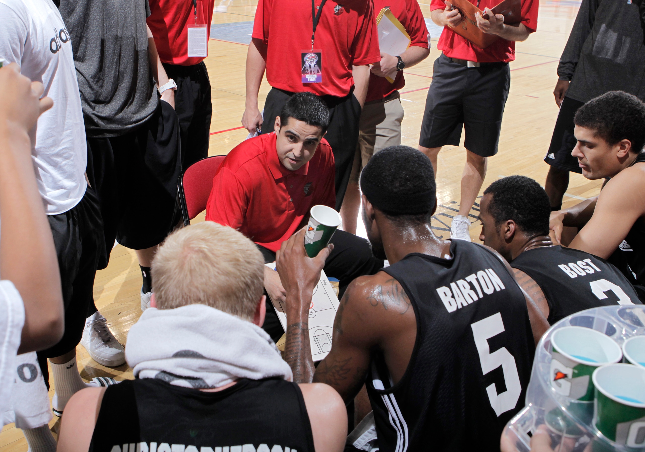 LAS VEGAS, NV - JULY 21: Dan Dickau of the Portland Trail Blazers talks to his team during NBA Summer League on July 21, 2012 at Cox Pavilion in Las Vegas, Nevada. NOTE TO USER: User expressly acknowledges and agrees that, by downloading and/or using this Photograph, user is consenting to the terms and conditions of the Getty Images License Agreement. Mandatory Copyright Notice: Copyright 2012 NBAE (Photo by Jack Arent/NBAE via Getty Images) LAS VEGAS, NV - JULY 21: Dan Dickau of the Portland Trail Blazers talks to his team during NBA Summer League on July 21, 2012 at Cox Pavilion in Las Vegas, Nevada. NOTE TO USER: User expressly acknowledges and agrees that, by downloading and/or using this Photograph, user is consenting to the terms and conditions of the Getty Images License Agreement. Mandatory Copyright Notice: Copyright 2012 NBAE (Photo by Jack Arent/NBAE via Getty Images)