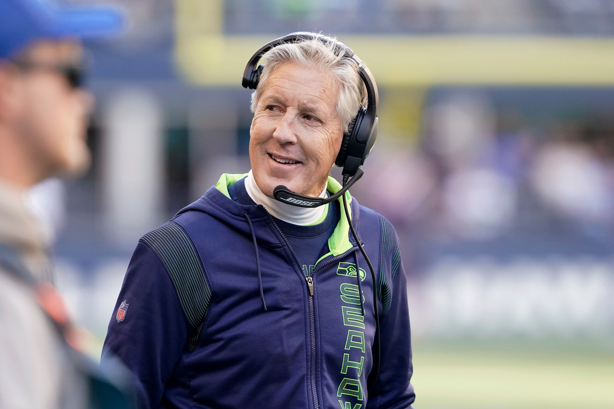 Seattle Seahawks head coach Pete Carroll smiles on the sidelines against Jacksonville Jaguars during the second half of an NFL football game, Sunday, Oct. 31, 2021, in Seattle. (AP Photo/Ted S. Warren)