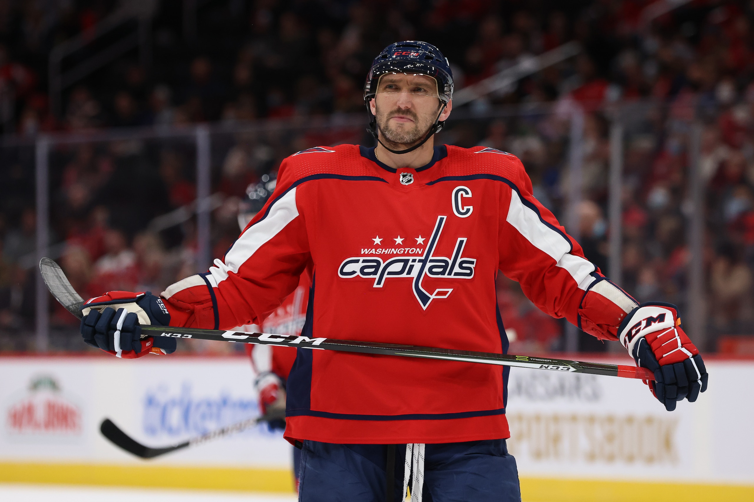 WASHINGTON, D.C. - NOVEMBER 8: Alex Ovechkin #8 of the Washington Capitals takes a look into the crowd between face-offs during a game against the Buffalo Sabres at Capital One Arena on November 8, 2021 in Washington, D.C. (Photo by John McCreary/NHLI via Getty Images)