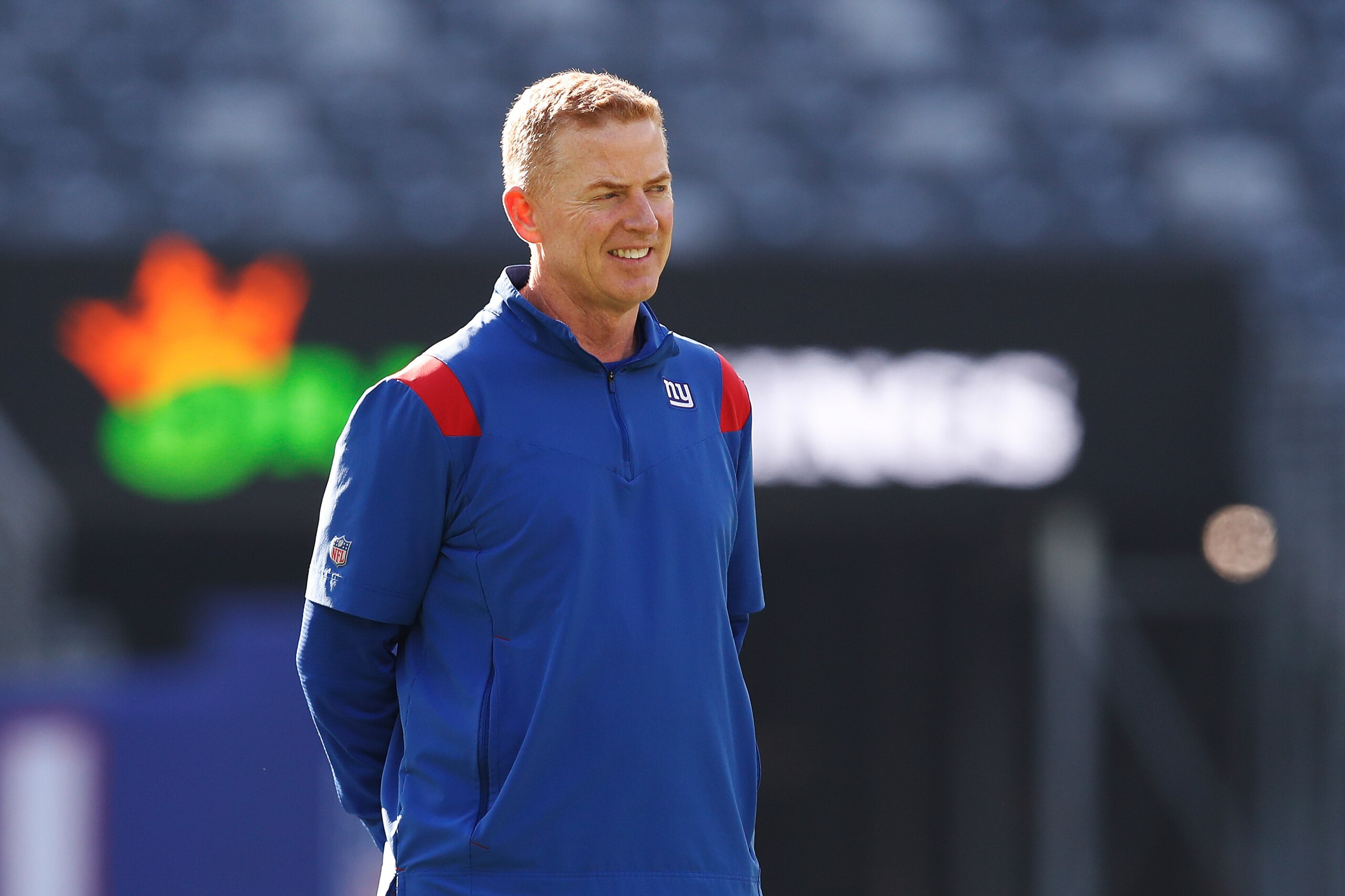 New York Giants offensive coordinator Jason Garrett looks on before an NFL football game against the Las Vegas Raiders, Sunday, Nov. 7, 2021, in East Rutherford. N.J. The New York Giants defeated the Las Vegas Raiders 23-16. (AP Photo/Steve Luciano)