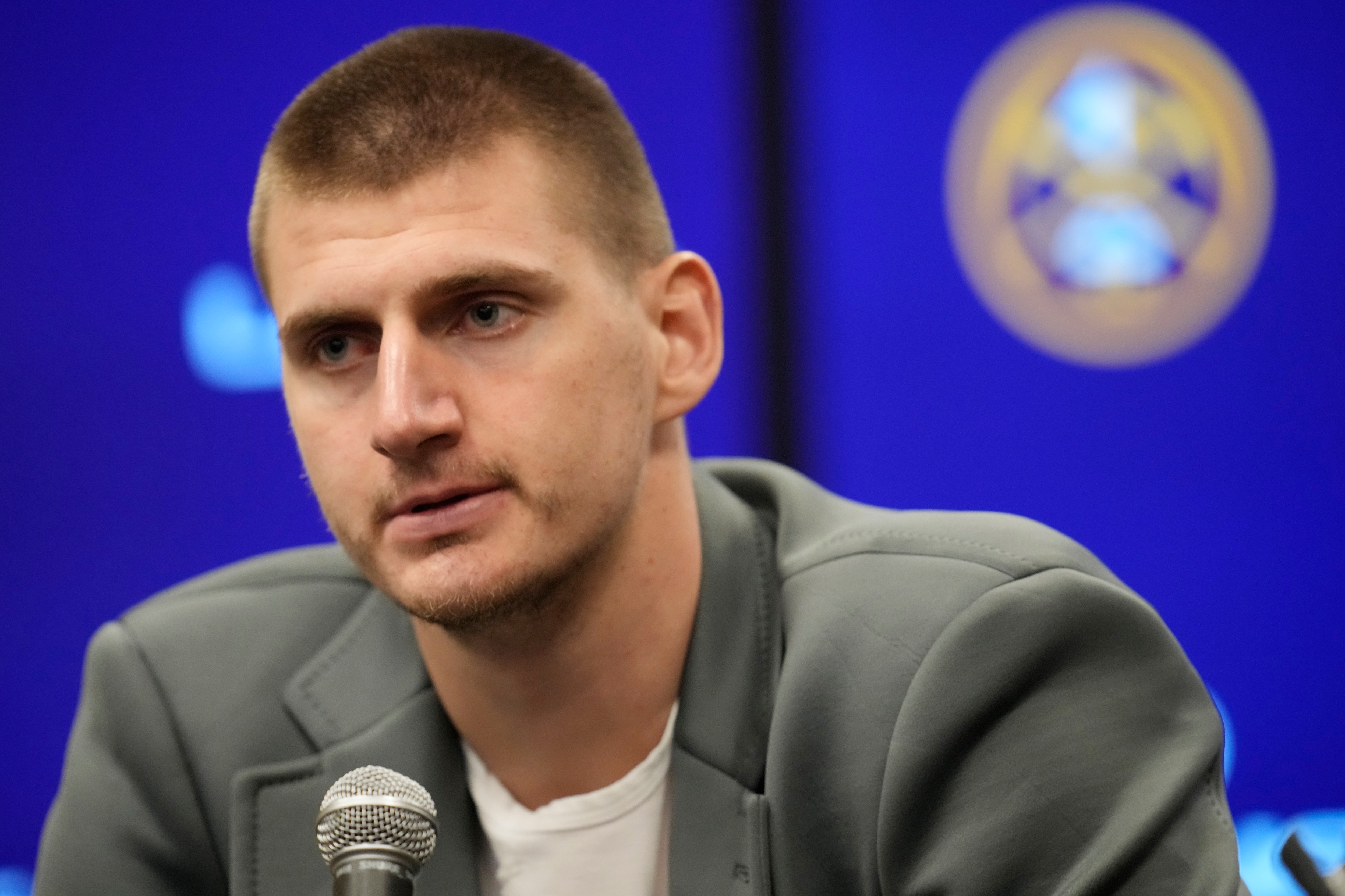 Denver Nuggets center Nikola Jokic speaks during a news conference after being ejected for an altercation with Miami Heat forward Markieff Morris in an NBA basketball game Monday, Nov. 8, 2021, in Denver. The Nuggets won 113-96. (AP Photo/David Zalubowski)