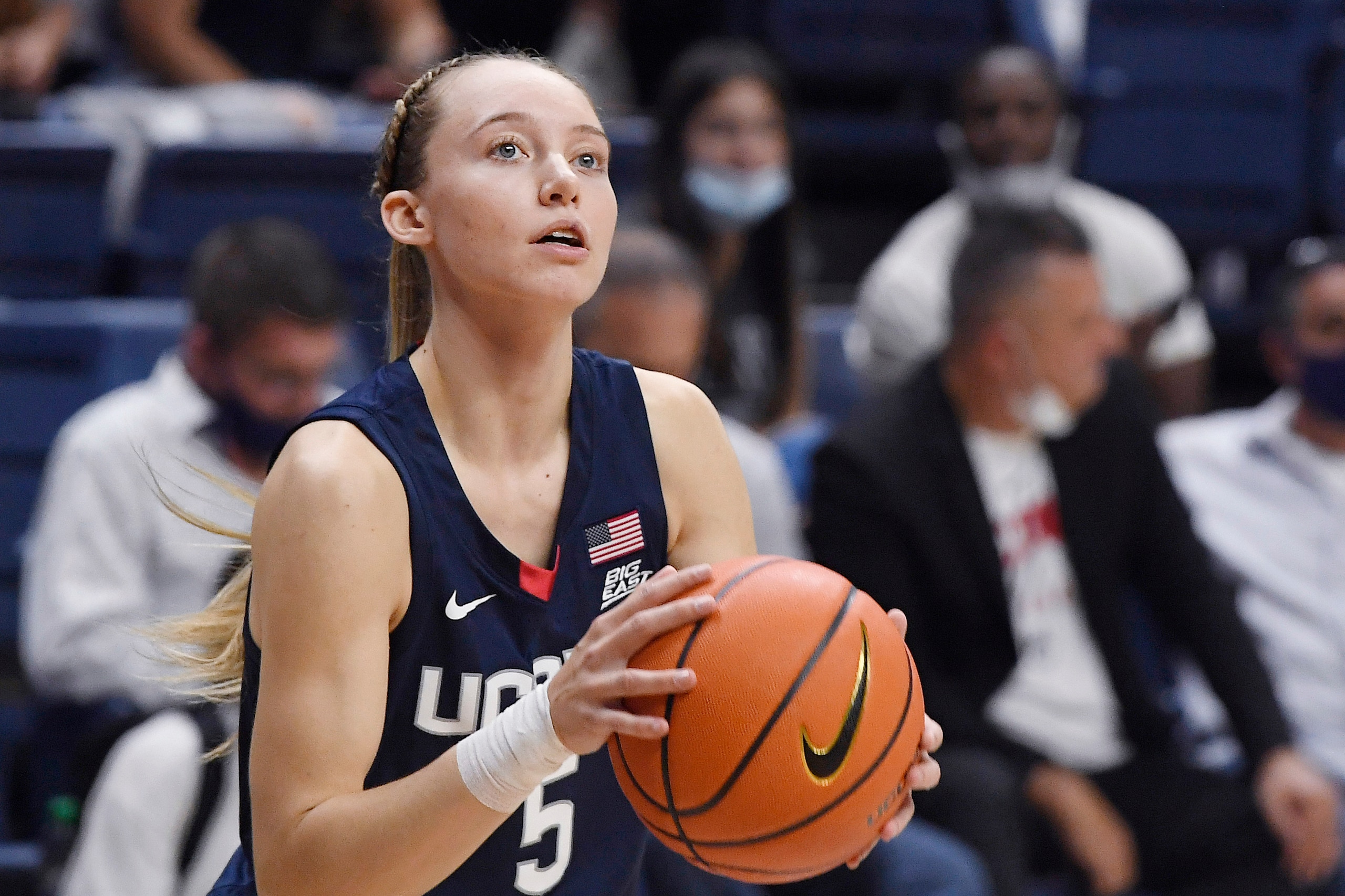 Connecticut's Paige Bueckers during UConn's men's and women's basketball teams annual First Night celebration, Friday, Oct. 15, 2021, in Storrs, Conn. (AP Photo/Jessica Hill)