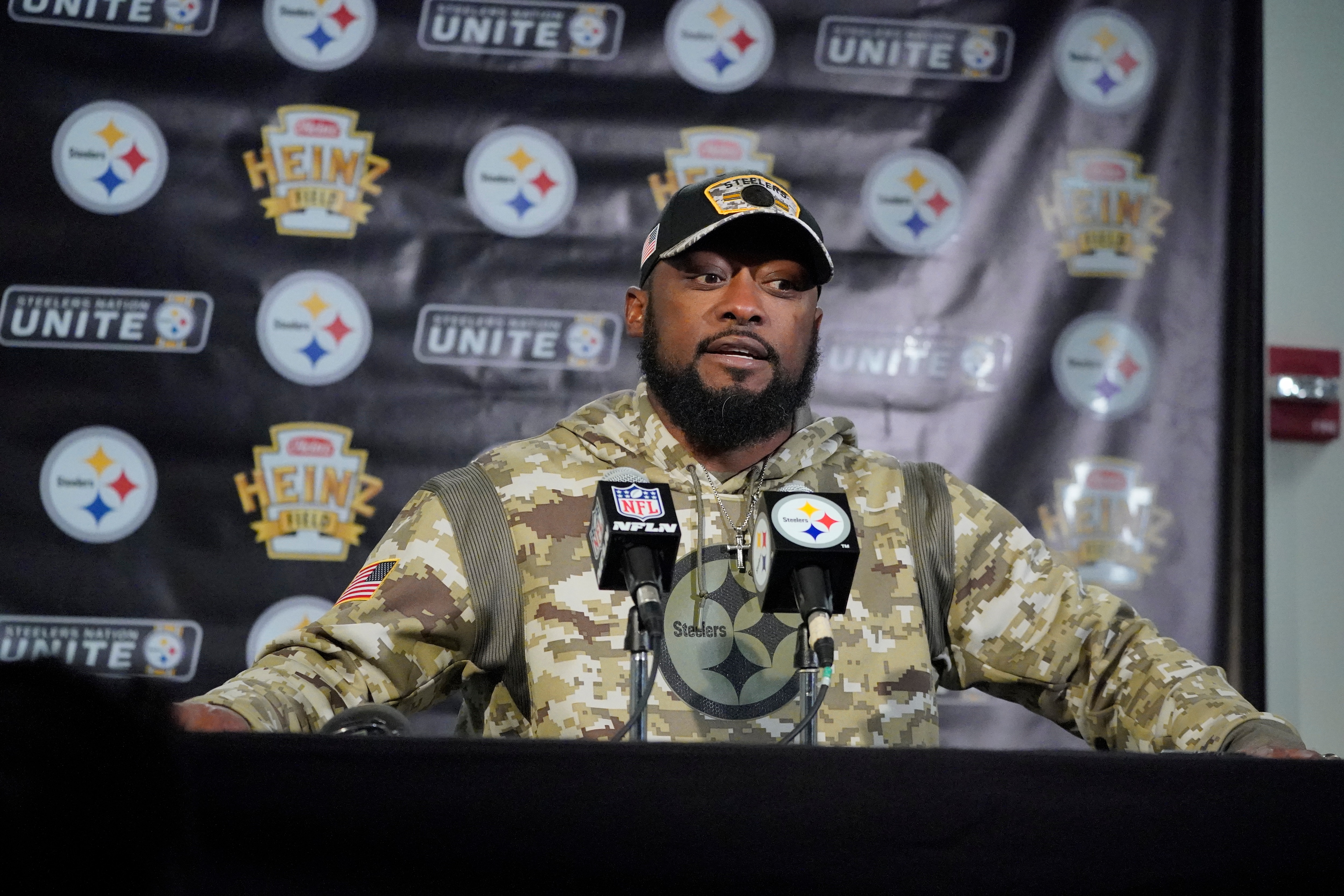 Pittsburgh Steelers head coach Mike Tomlin meets with reporters following an NFL football game in Pittsburgh, Tuesday, Nov. 9, 2021. The Steelers won 29-27. (AP Photo/Gene J. Puskar)