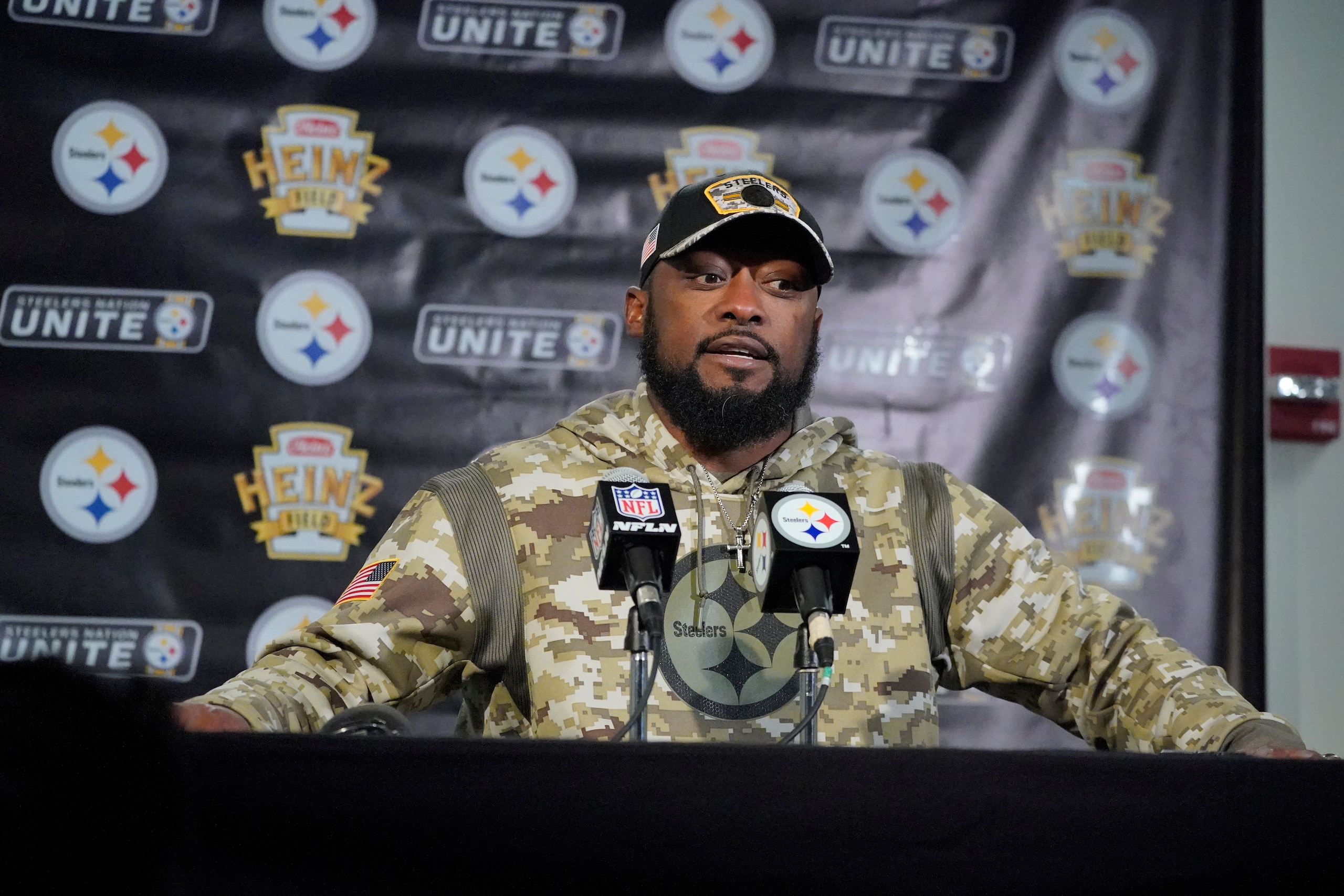 Pittsburgh Steelers head coach Mike Tomlin meets with reporters following an NFL football game in Pittsburgh, Tuesday, Nov. 9, 2021. The Steelers won 29-27. (AP Photo/Gene J. Puskar)