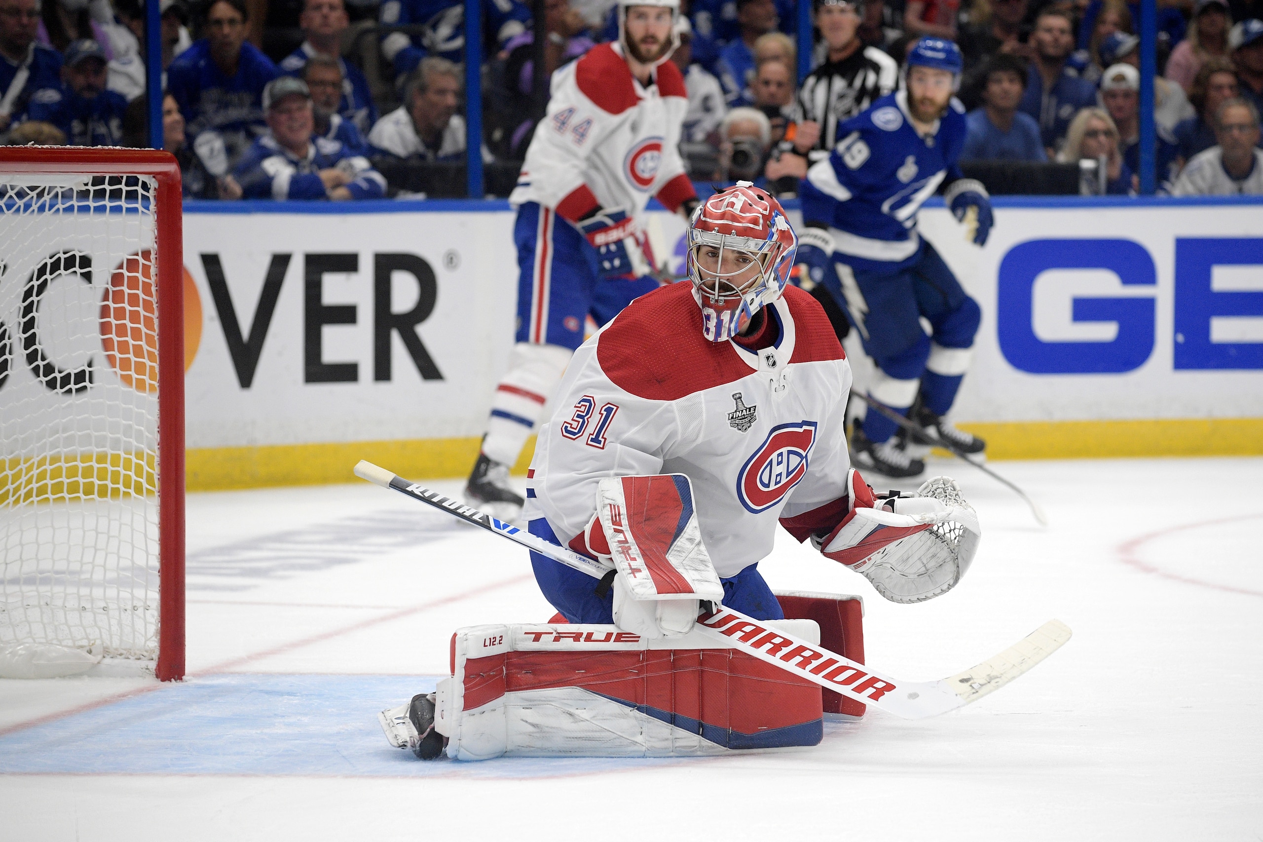 Montreal Canadiens goaltender Carey Price (31) watches a play during the second period of Game 5 of the NHL hockey Stanley Cup finals series against the Tampa Bay Lightning, Wednesday, July 7, 2021, in Tampa, Fla. (AP Photo/Phelan M. Ebenhack)