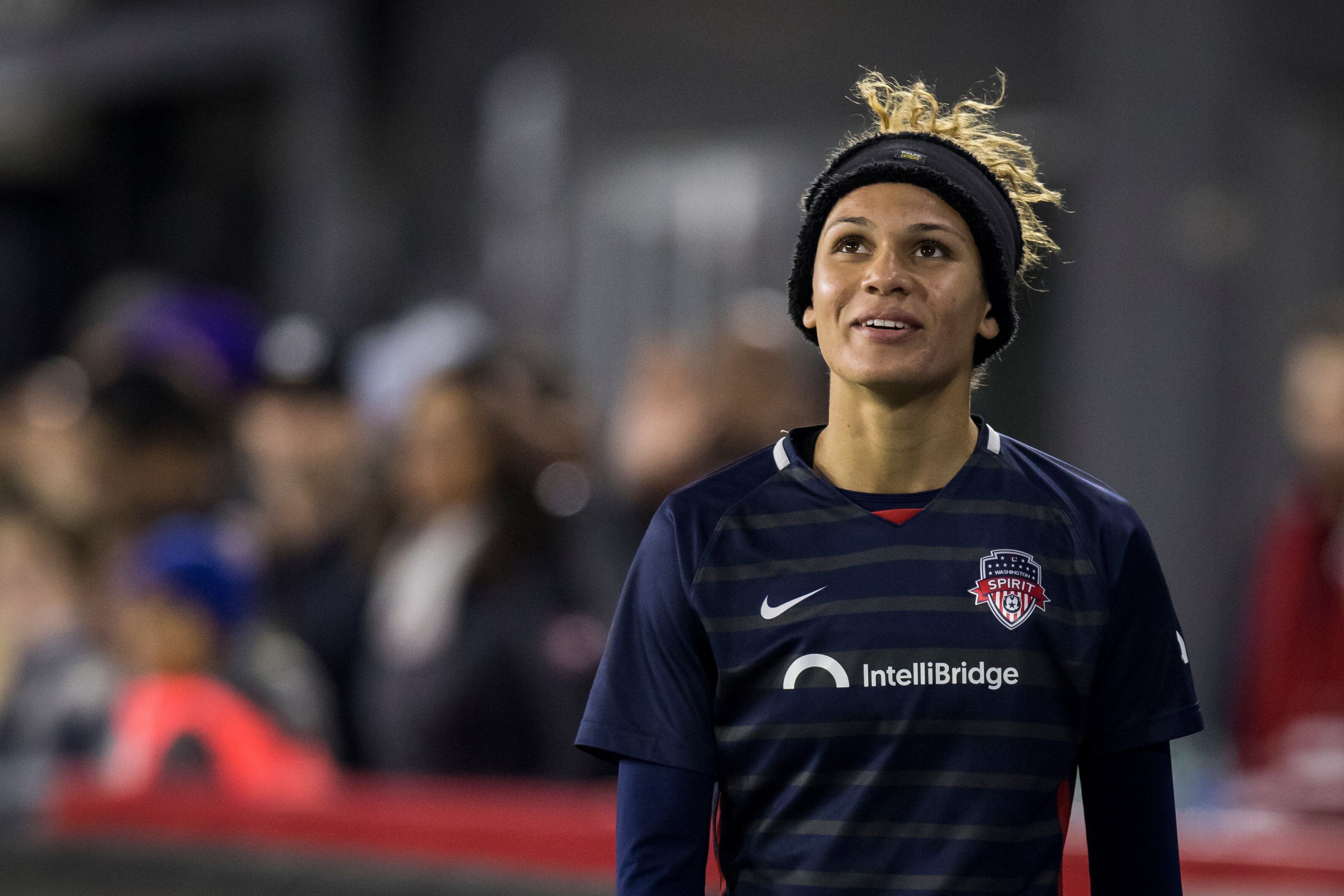 WASHINGTON, DC - NOVEMBER 07: Trinity Rodman #2 of Washington Spirit looks to the crowd as she is subbed out in overtime of the NWSL Quarterfinals match against North Carolina Courage at Audi Field on November 7, 2021 in Washington, DC. (Photo by Ira L. Black - Corbis/Getty Images)