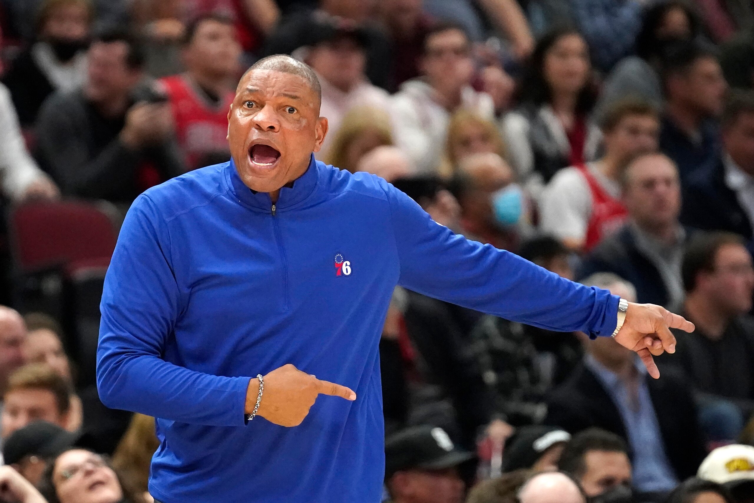 Philadelphia 76ers head coach Doc Rivers yells at a referee during the second half of an NBA basketball game against the Chicago Bulls Saturday, Nov. 6, 2021, in Chicago. (AP Photo/Charles Rex Arbogast)